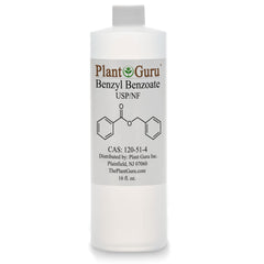 Plant Guru Benzyl Benzoate bottle close-up for fragrance formulation.
