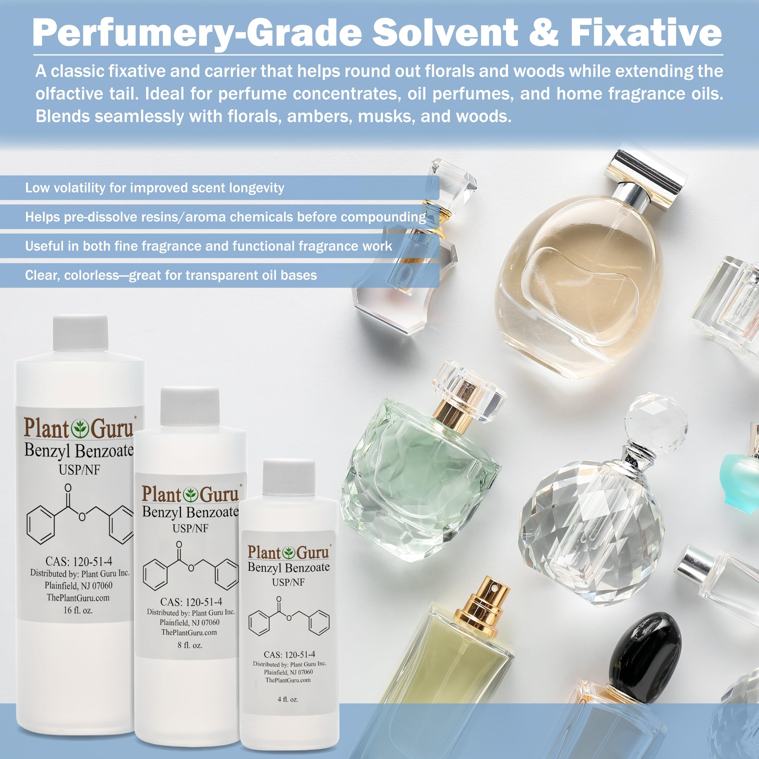 Plant Guru Benzyl Benzoate USP Grade label emphasizing quality.