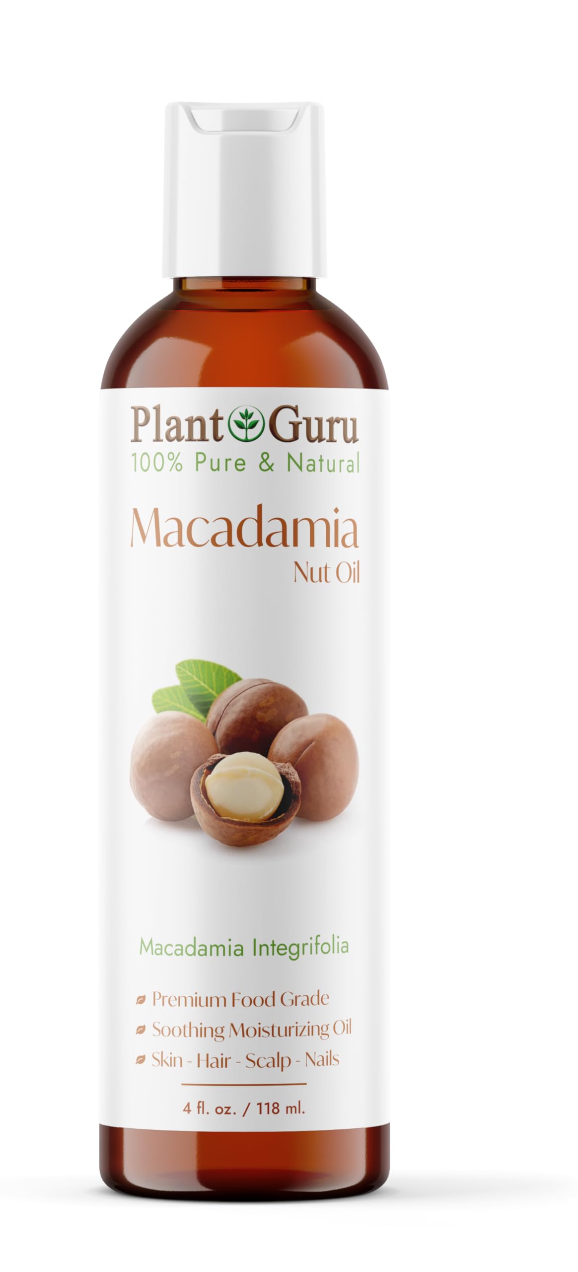 Plant Guru Macadamia Nut Oil bottle shows pure, premium carrier oil for skin nourishment.