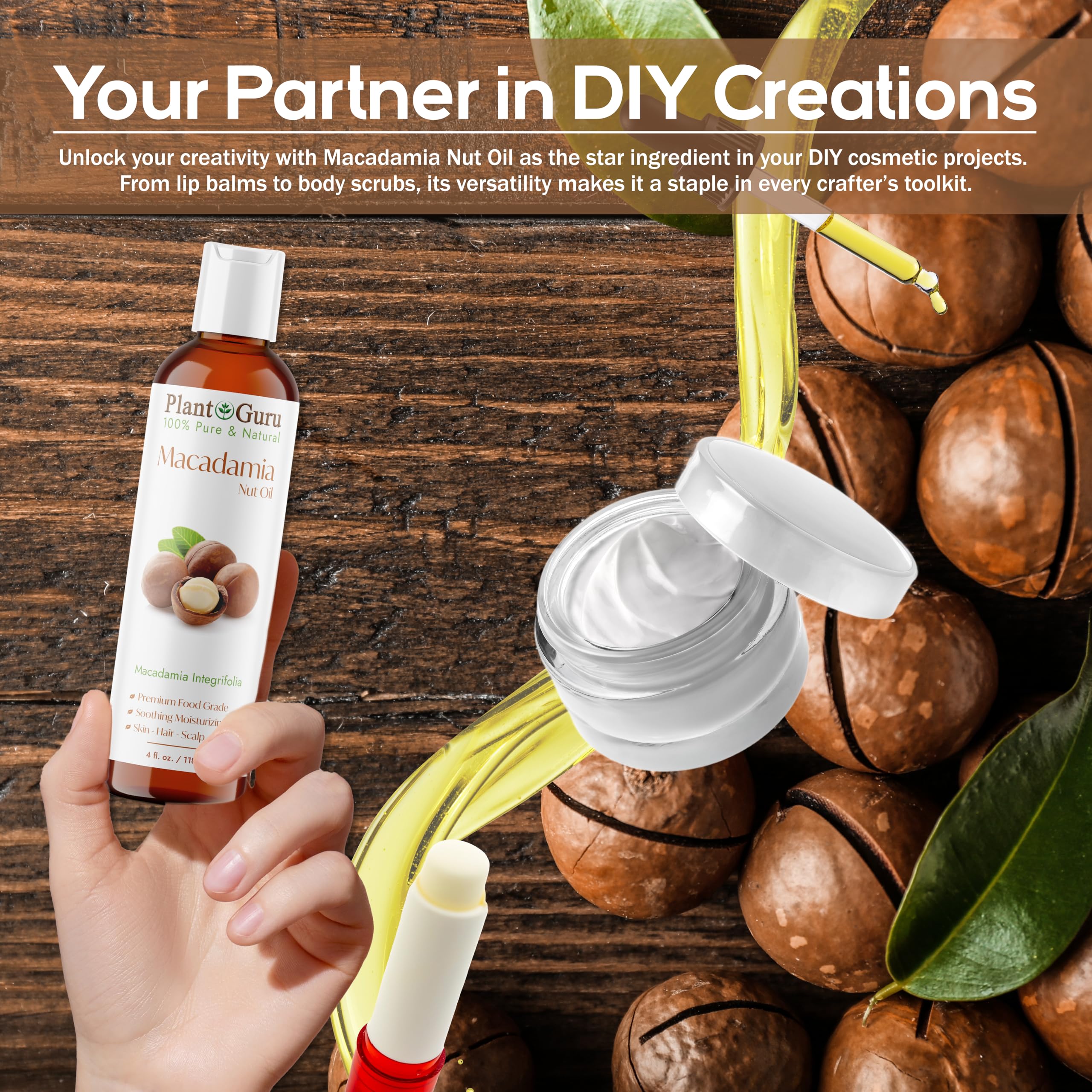 Plant Guru Macadamia Nut Oil supports DIY creams and lotions as a natural base.