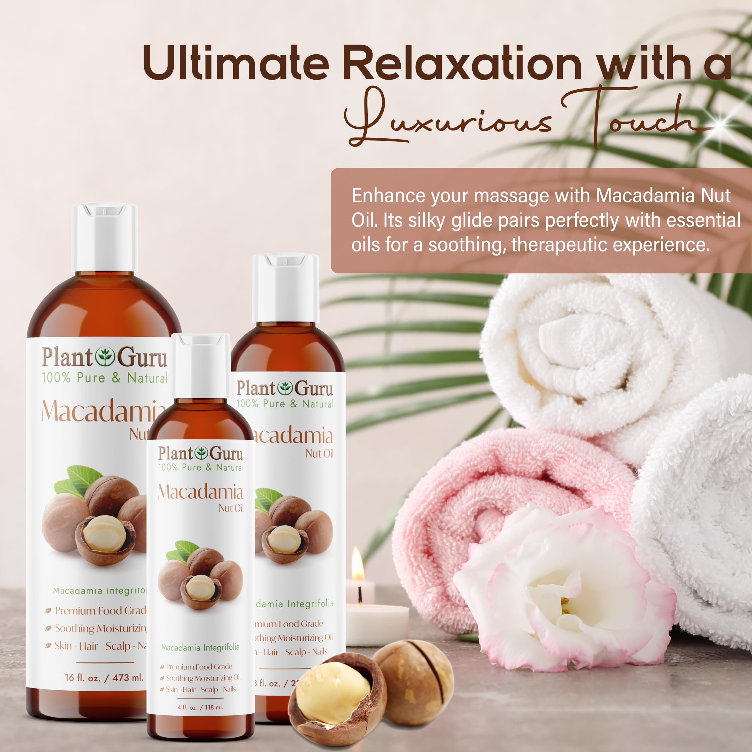 Plant Guru Macadamia Nut Oil for hair care reduces frizz and adds shine.