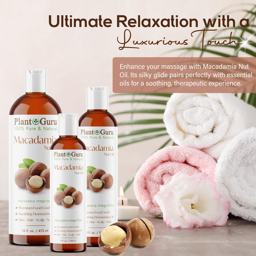 Plant Guru Macadamia Nut Oil for hair care reduces frizz and adds shine.
