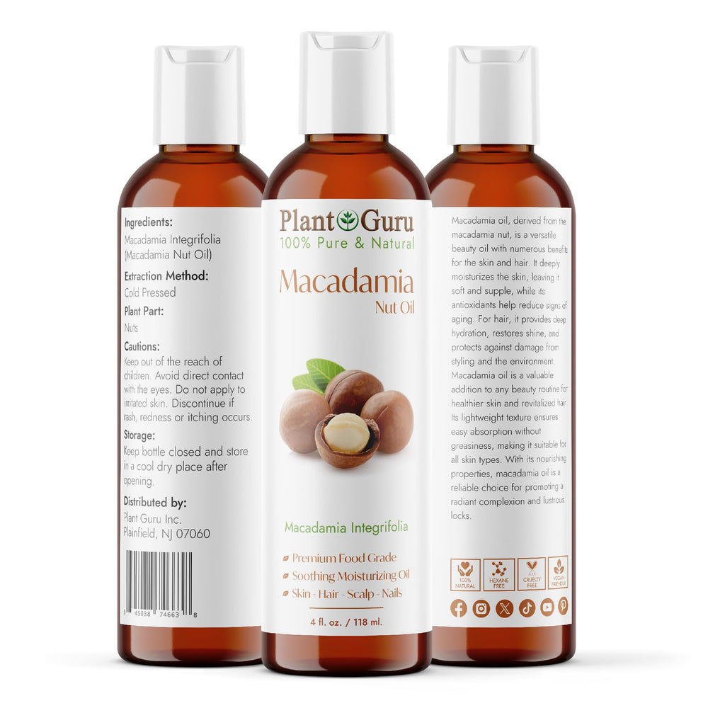 Close-up of Plant Guru Macadamia Nut Oil ingredient highlight for DIY skincare base.