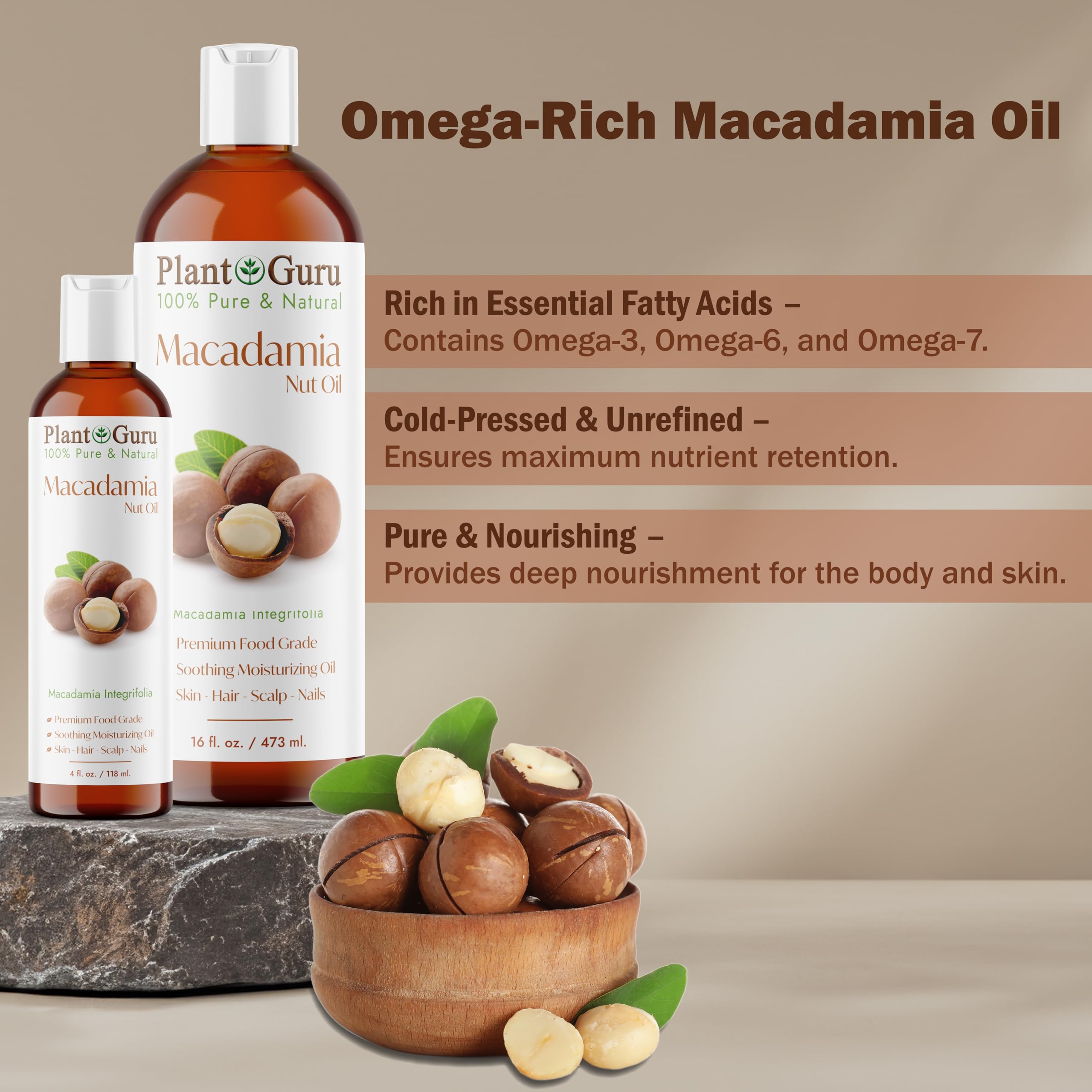 Plant Guru Macadamia Nut Oil label emphasizes cold-pressed purity and GMO-free formula.