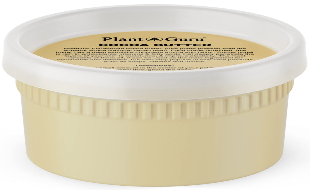 Plant Guru manteca de cacao Arriba Nacional en bote de 8 oz para uso cosmético y culinario.