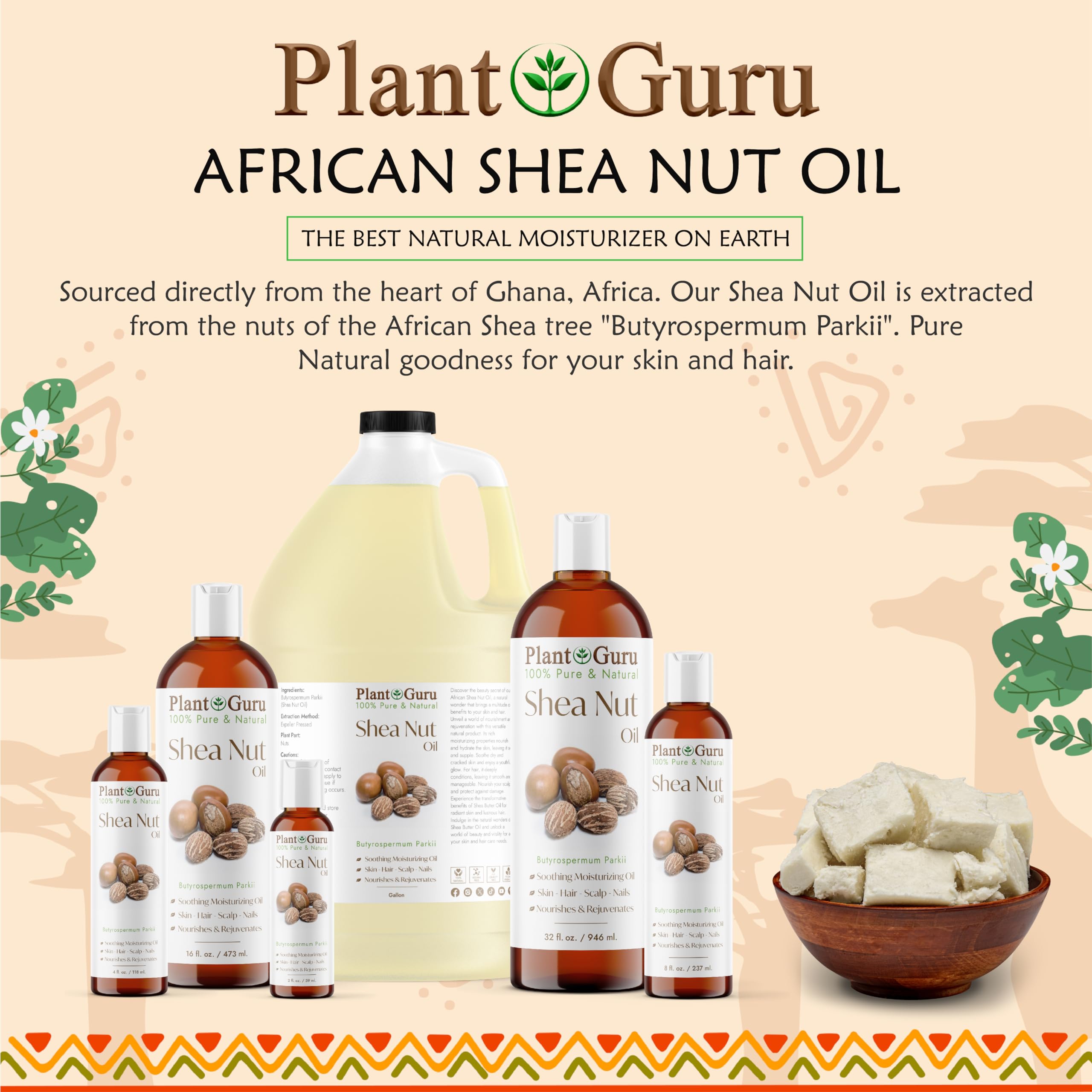 Plant Guru Shea Nut Oil on hair adds shine and tames frizz.