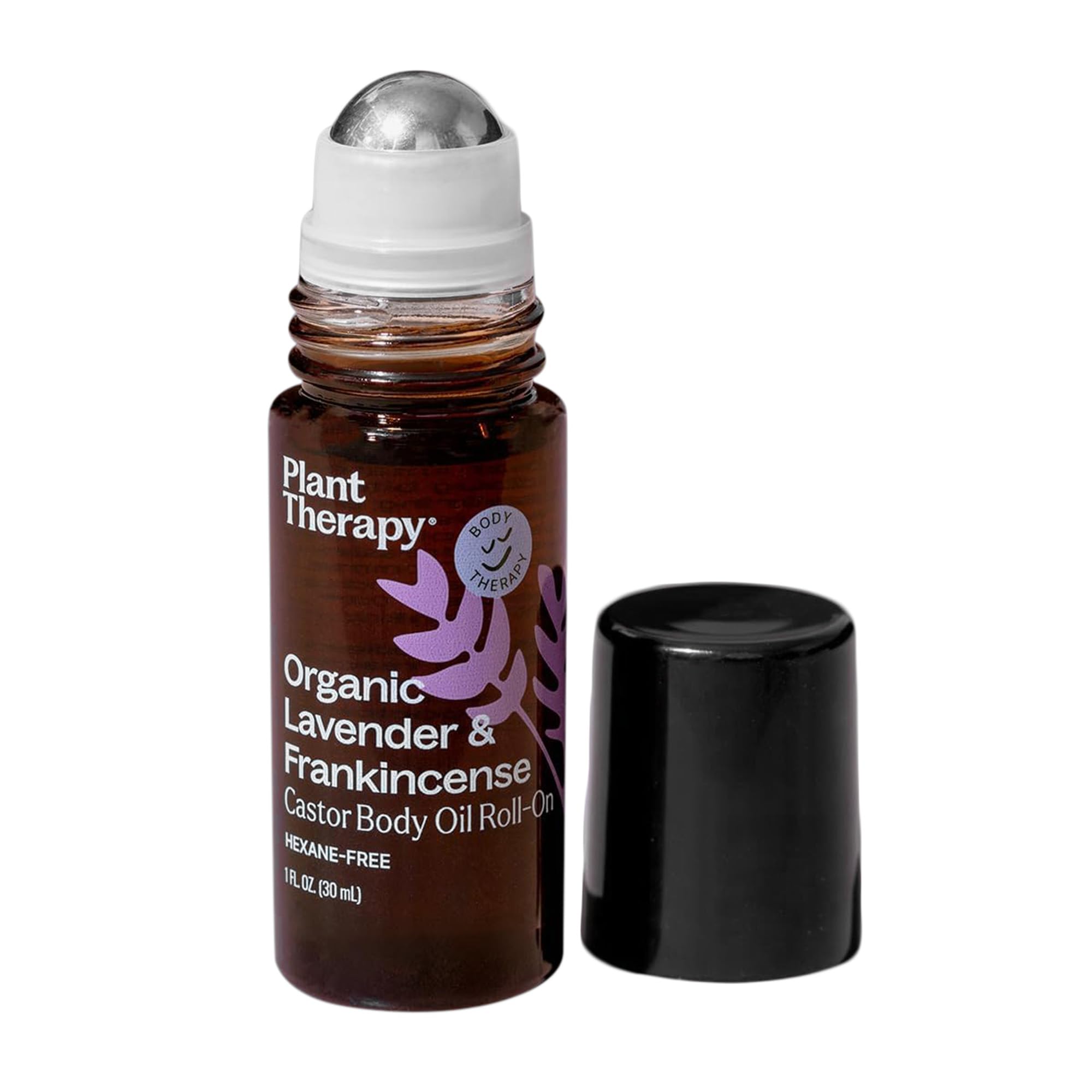 Plant Therapy lavender-frankincense castor oil roll-on bottle close-up for soothing skin on the go.