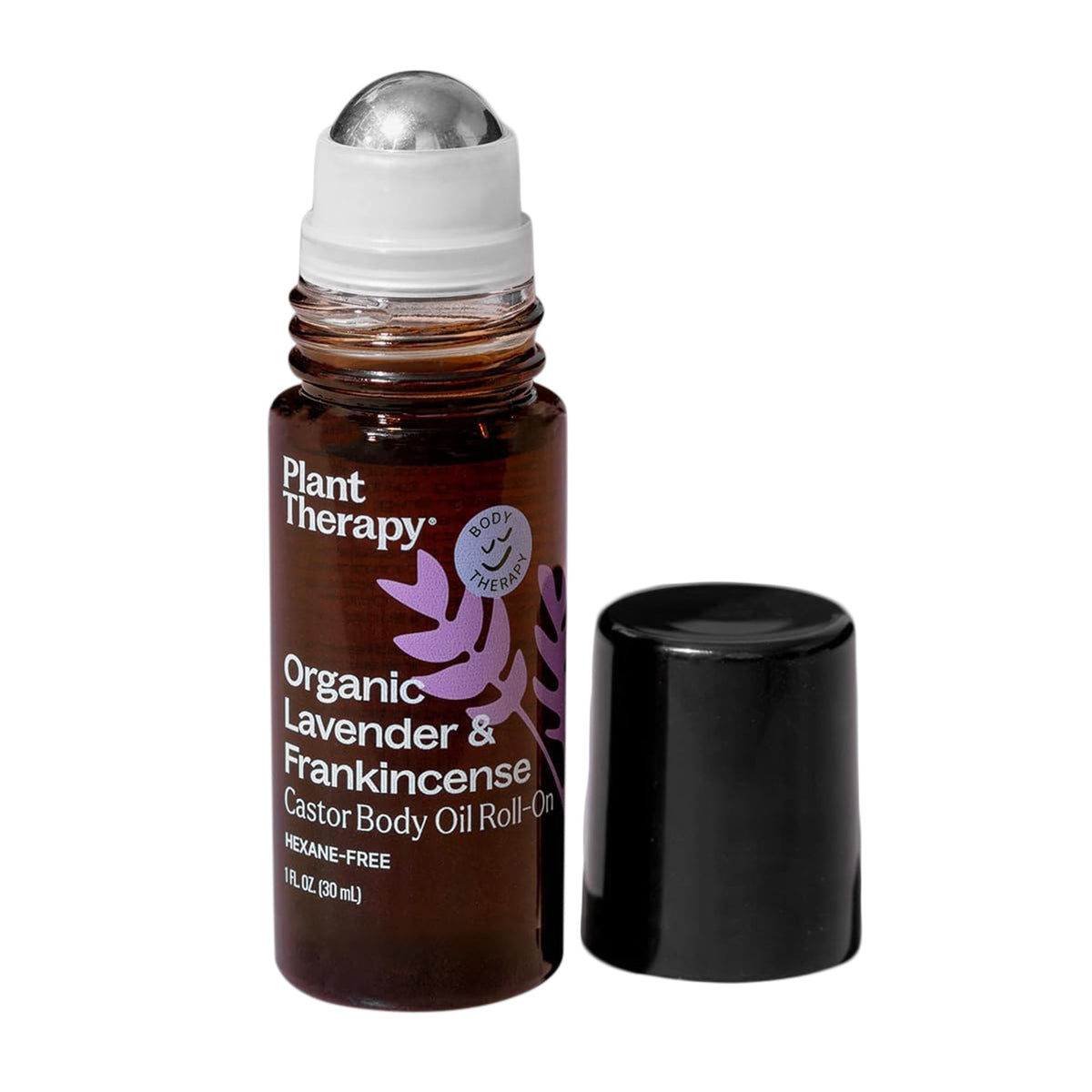 Plant Therapy lavender-frankincense castor oil roll-on bottle close-up for soothing skin on the go.