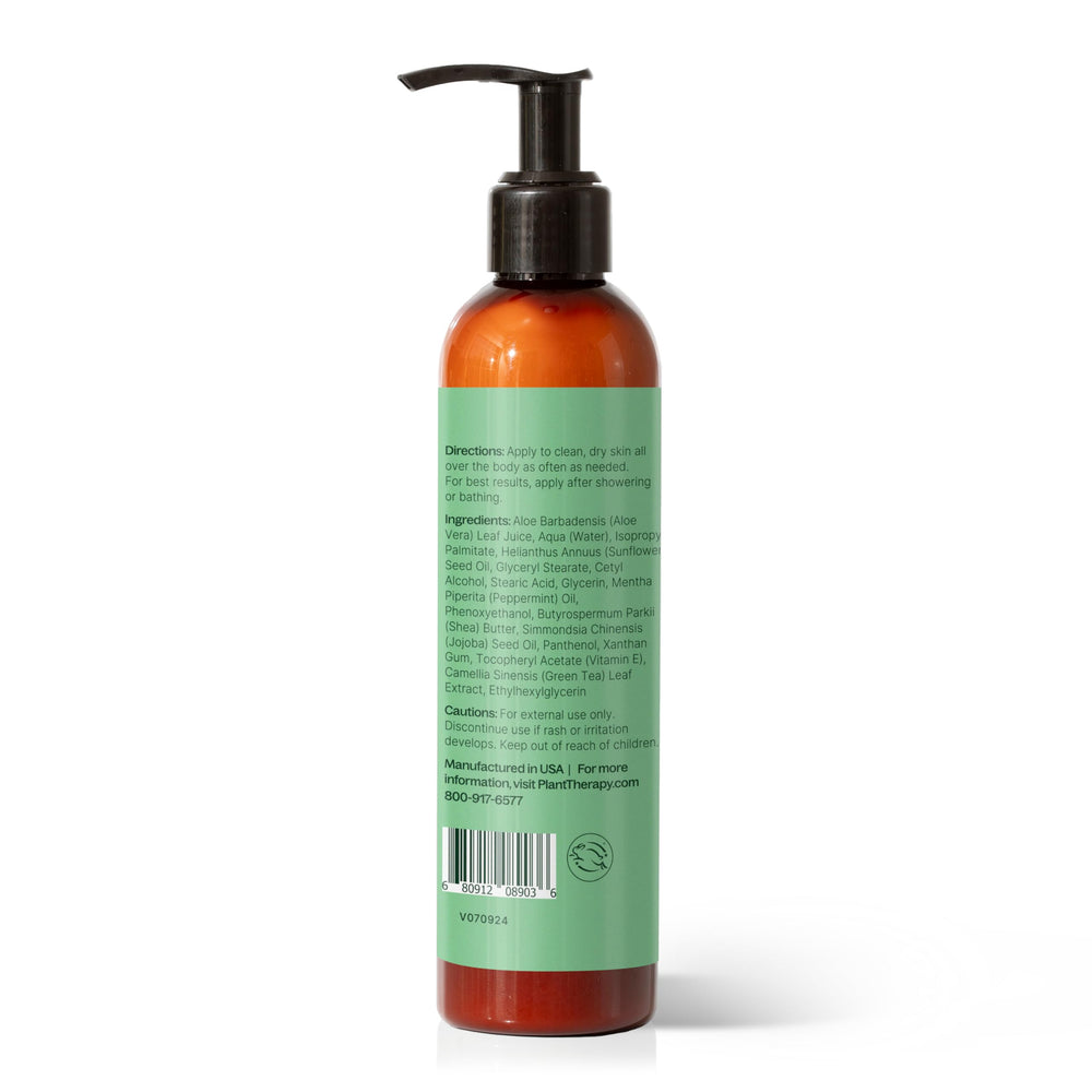 Plant Therapy Peppermint Body Lotion packaging shot conveys clean, paraben- and dye-free formulation.