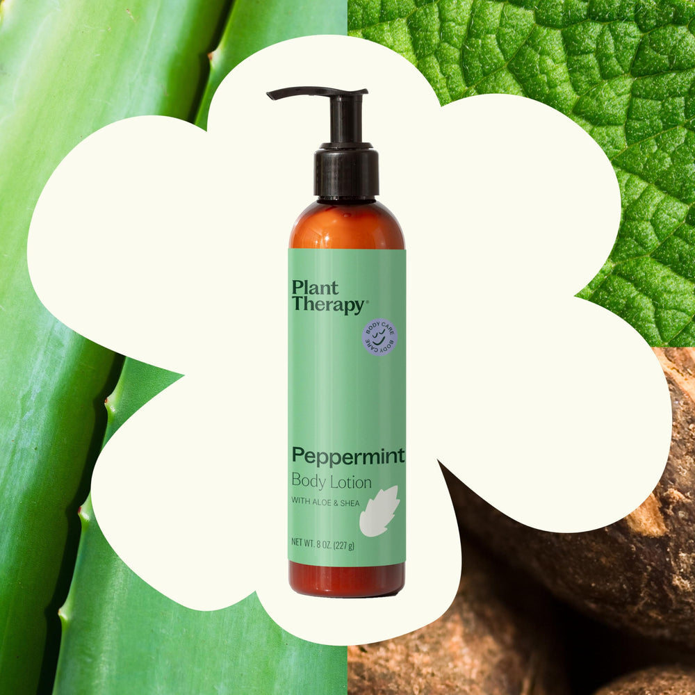 Plant Therapy Peppermint Body Lotion texture swatch shows silky, fast-absorbing moisture.