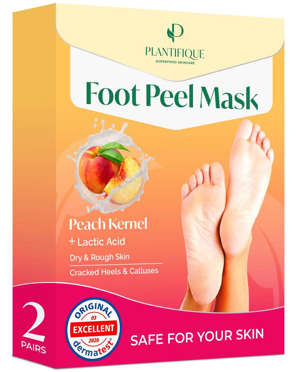 PLANTIFIQUE Foot Peel Mask Peach compact packaging on vanity for convenient gift-ready use.