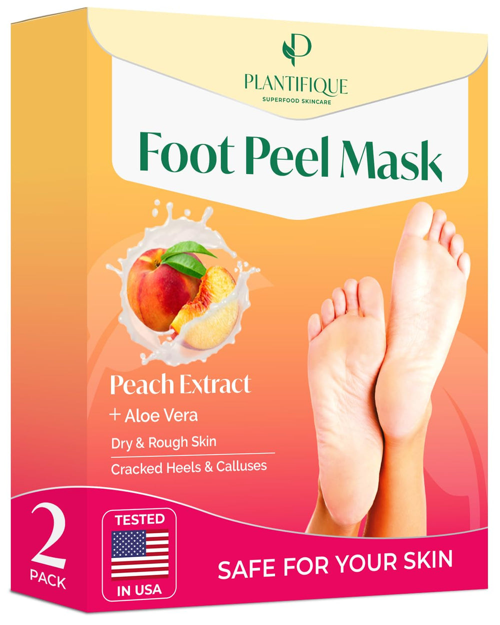 PLANTIFIQUE Foot Peel Mask Peach two masks in box for an easy at-home spa ritual.