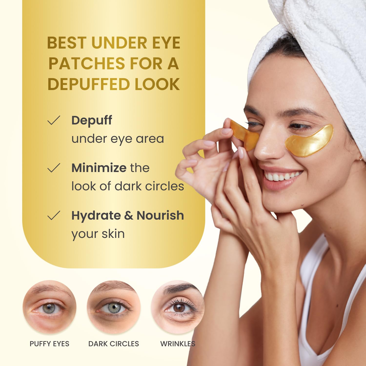 PLANTIFIQUE Gold Eye Patches 20-pair display illustrates easy, salon-like care at home.