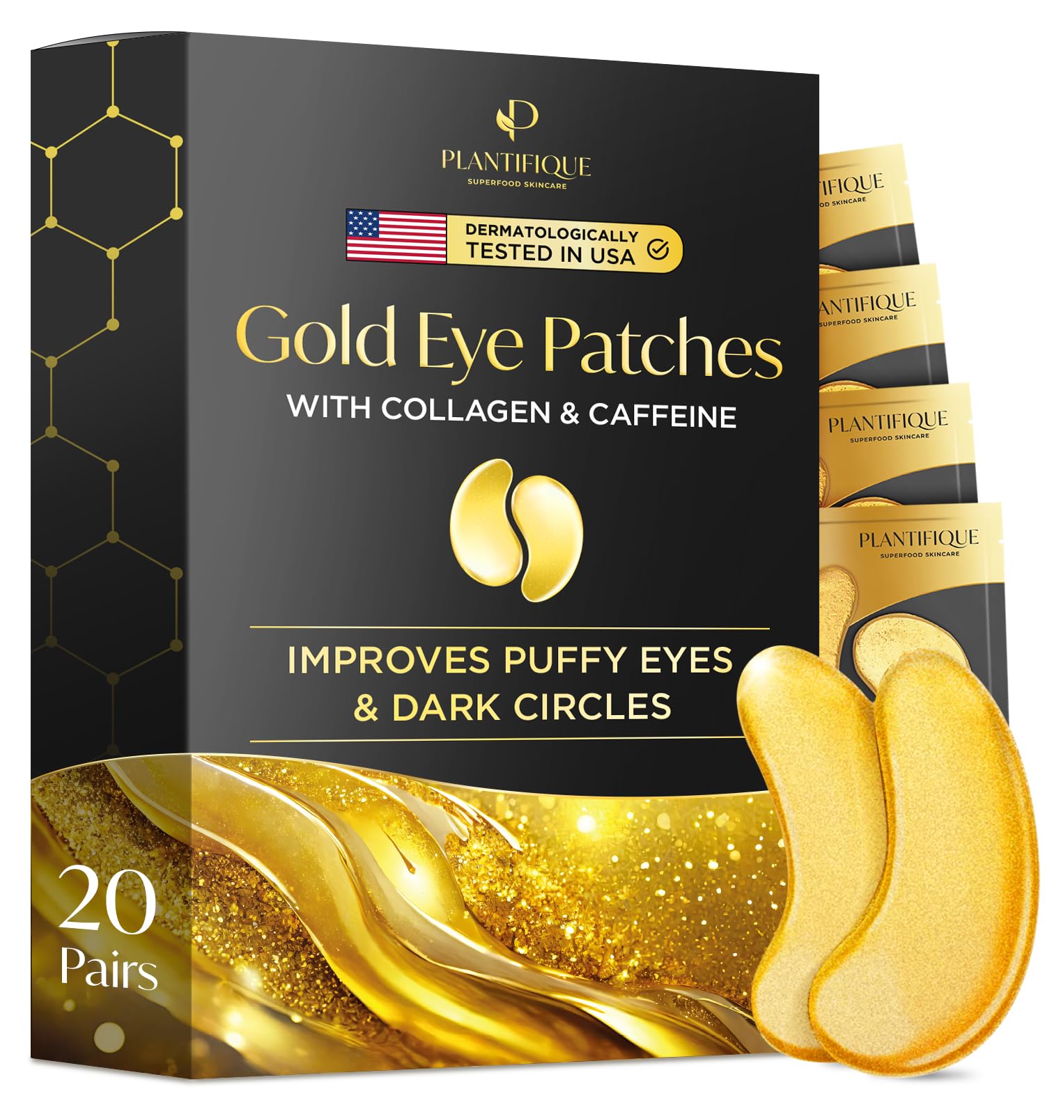 PLANTIFIQUE Gold Eye Patches packaging showcases premium at-home skincare routine.