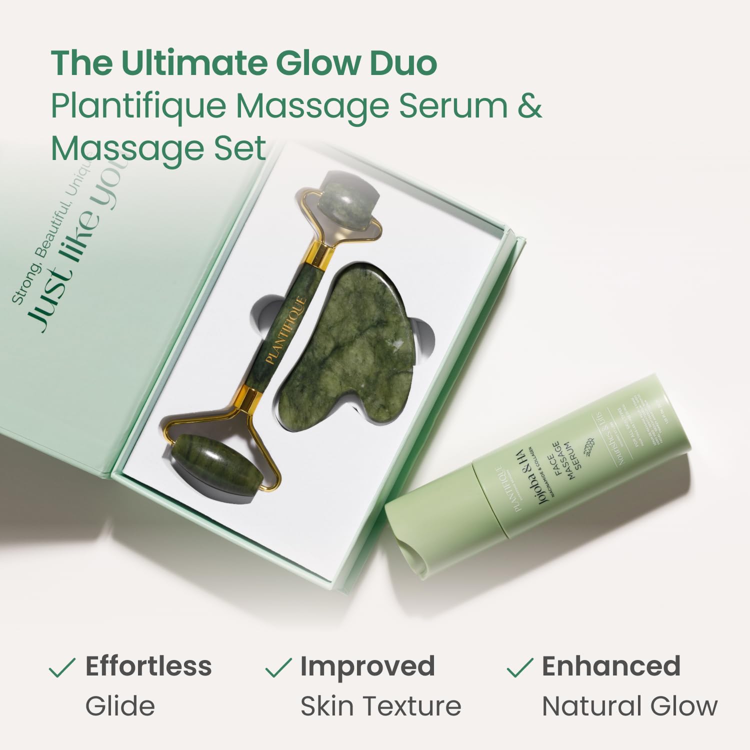 PLANTIFIQUE Jade Roller and Guasha packaging shows travel-ready skincare kit.
