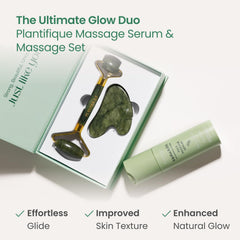 PLANTIFIQUE Jade Roller and Guasha packaging shows travel-ready skincare kit.