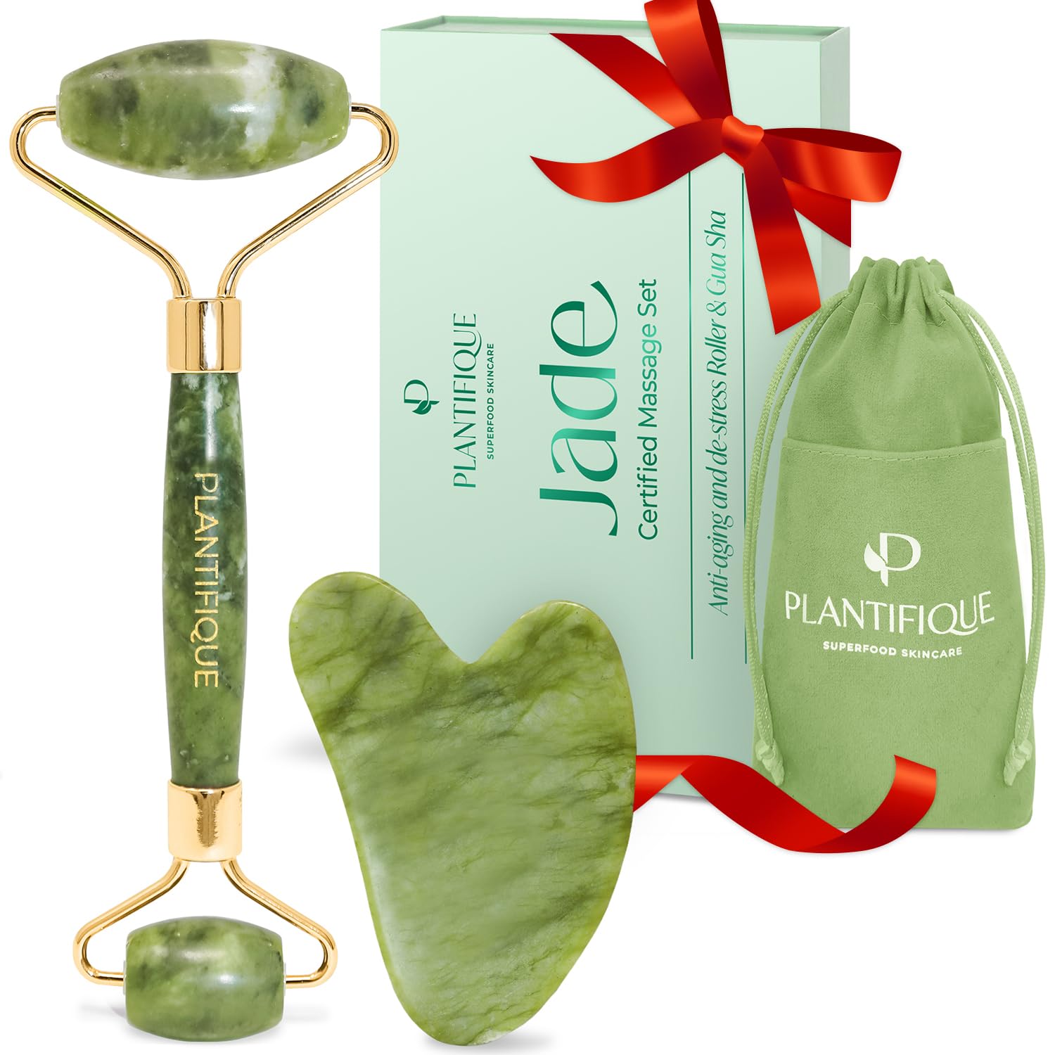 PLANTIFIQUE Jade Roller close-up glide for refreshed skin and smoother pores.