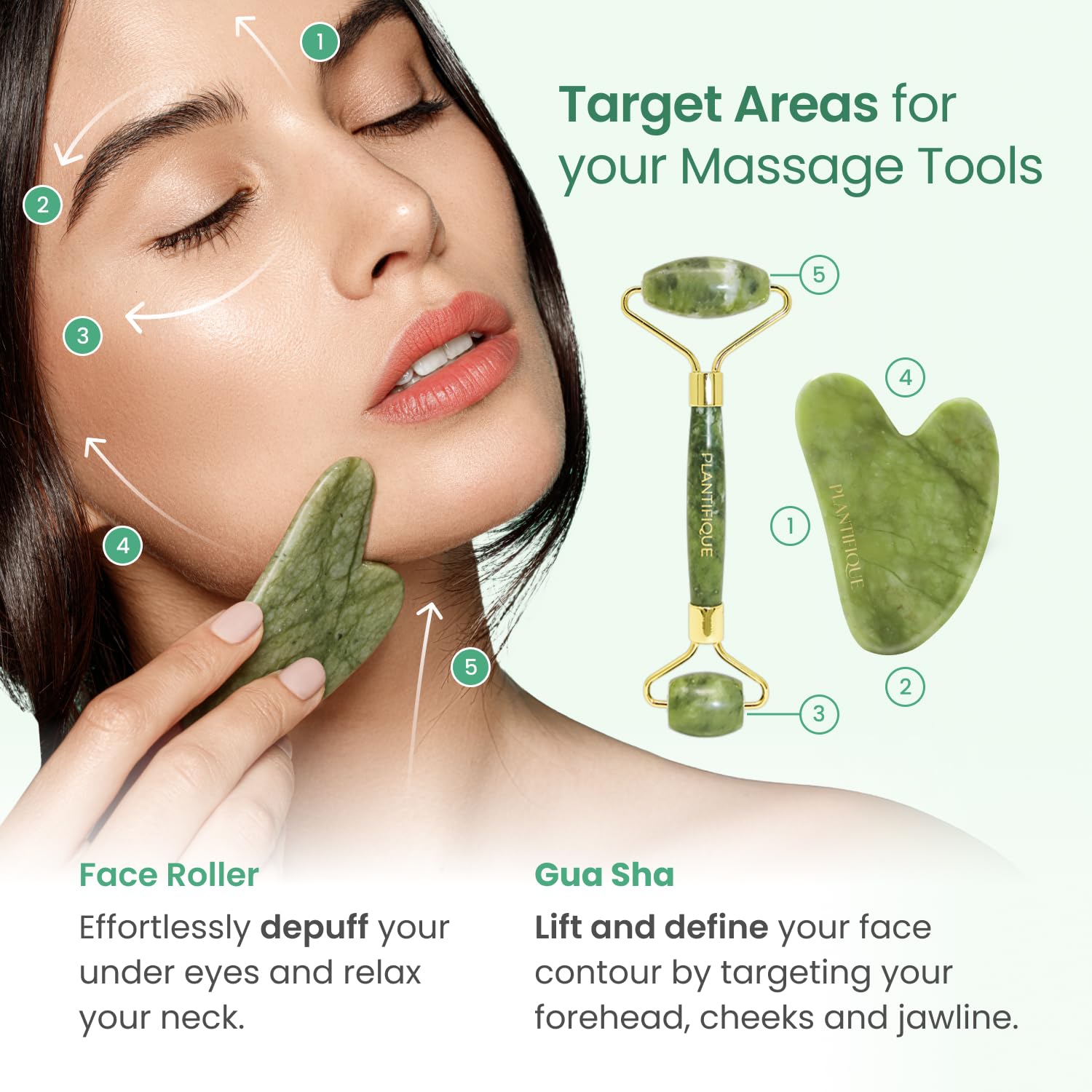 PLANTIFIQUE Jade Roller used on the face for better serum absorption and glow.