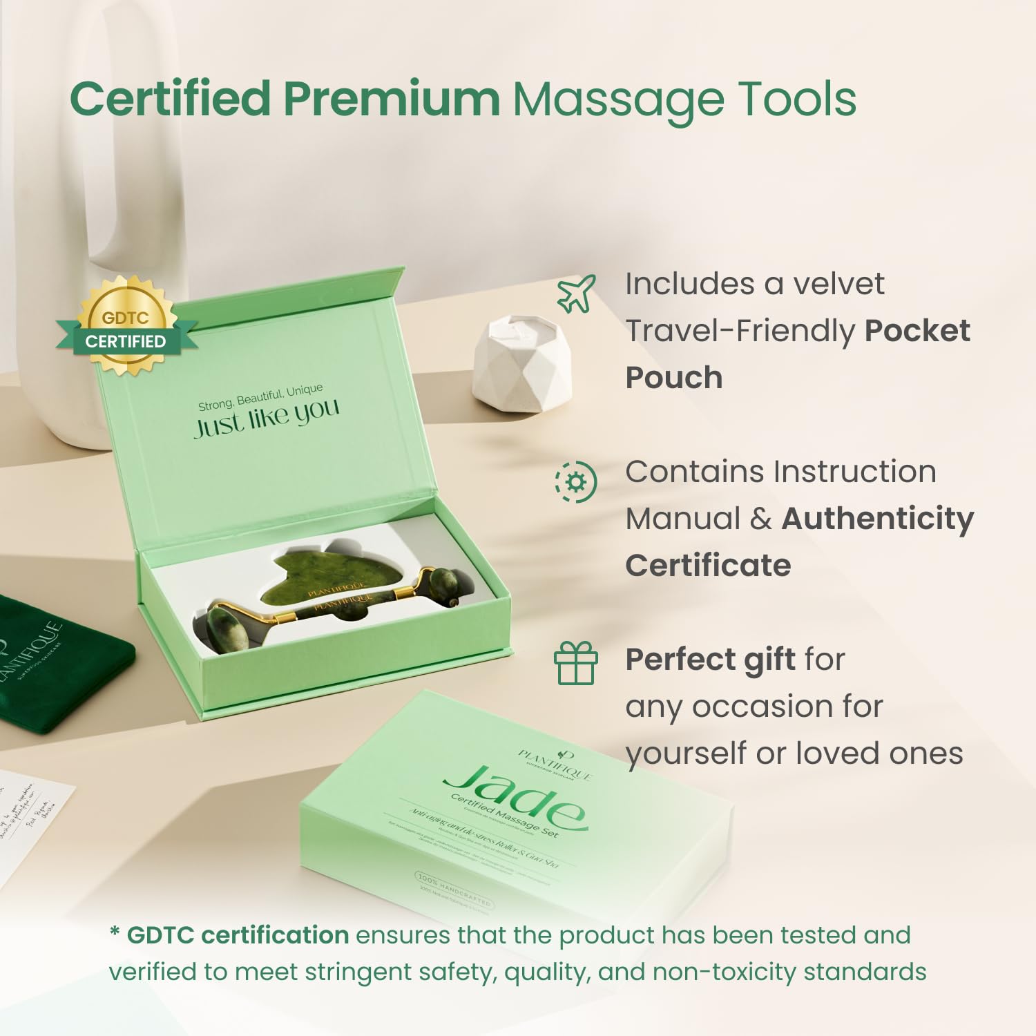 PLANTIFIQUE Jade Roller travel-compact design enables on-the-go pampering.