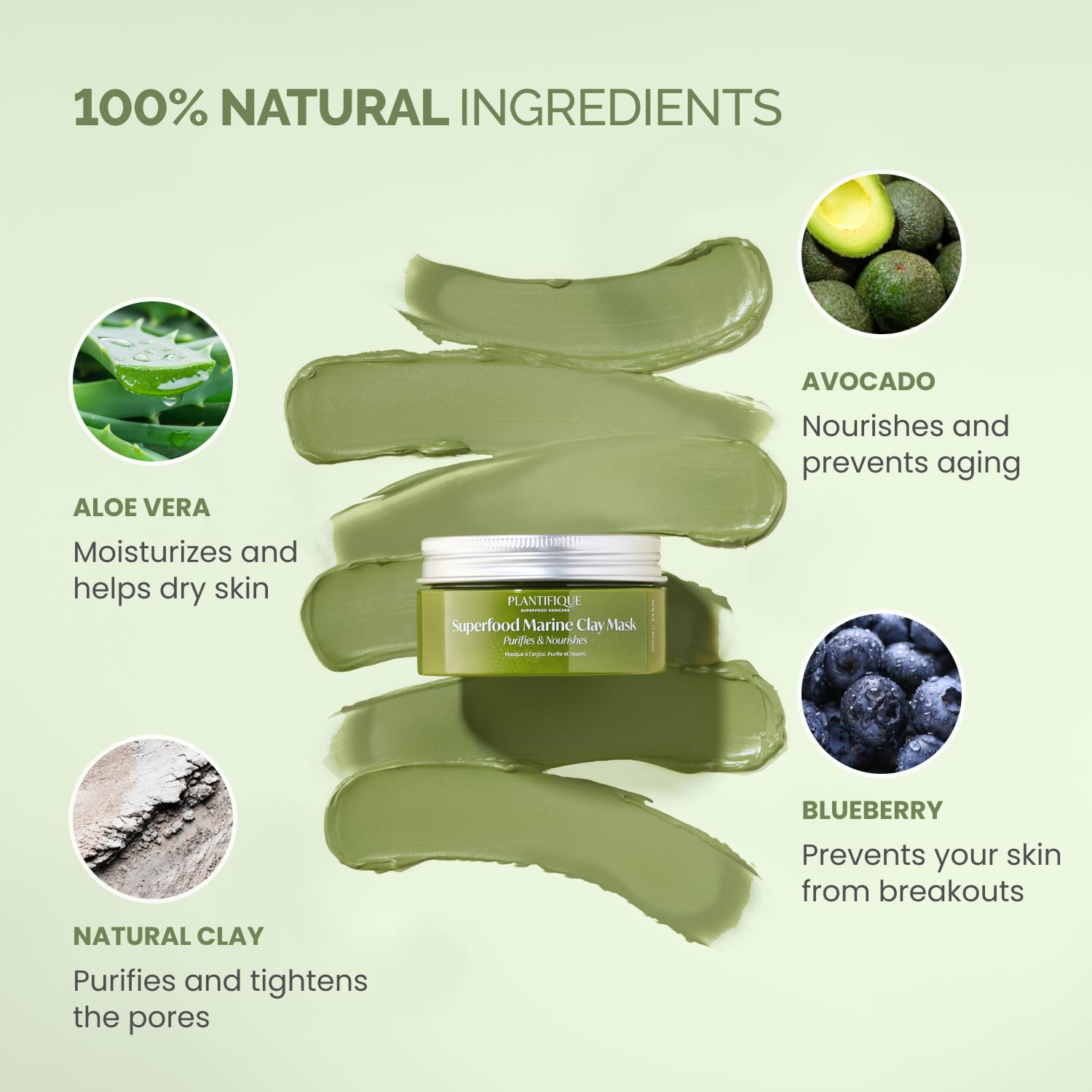 PLANTIFIQUE Korean Clay Mask superfoods layout emphasizes seven powerful extracts.