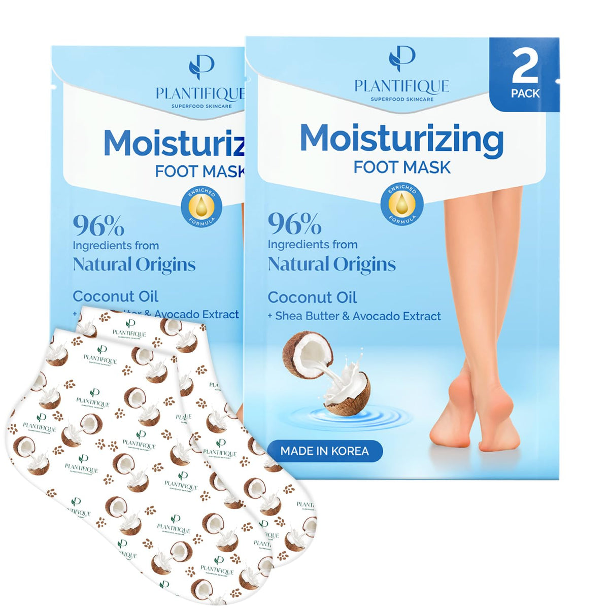 Plantifique Korean Foot Mask Shea Butter box with two-pair set for hydration.