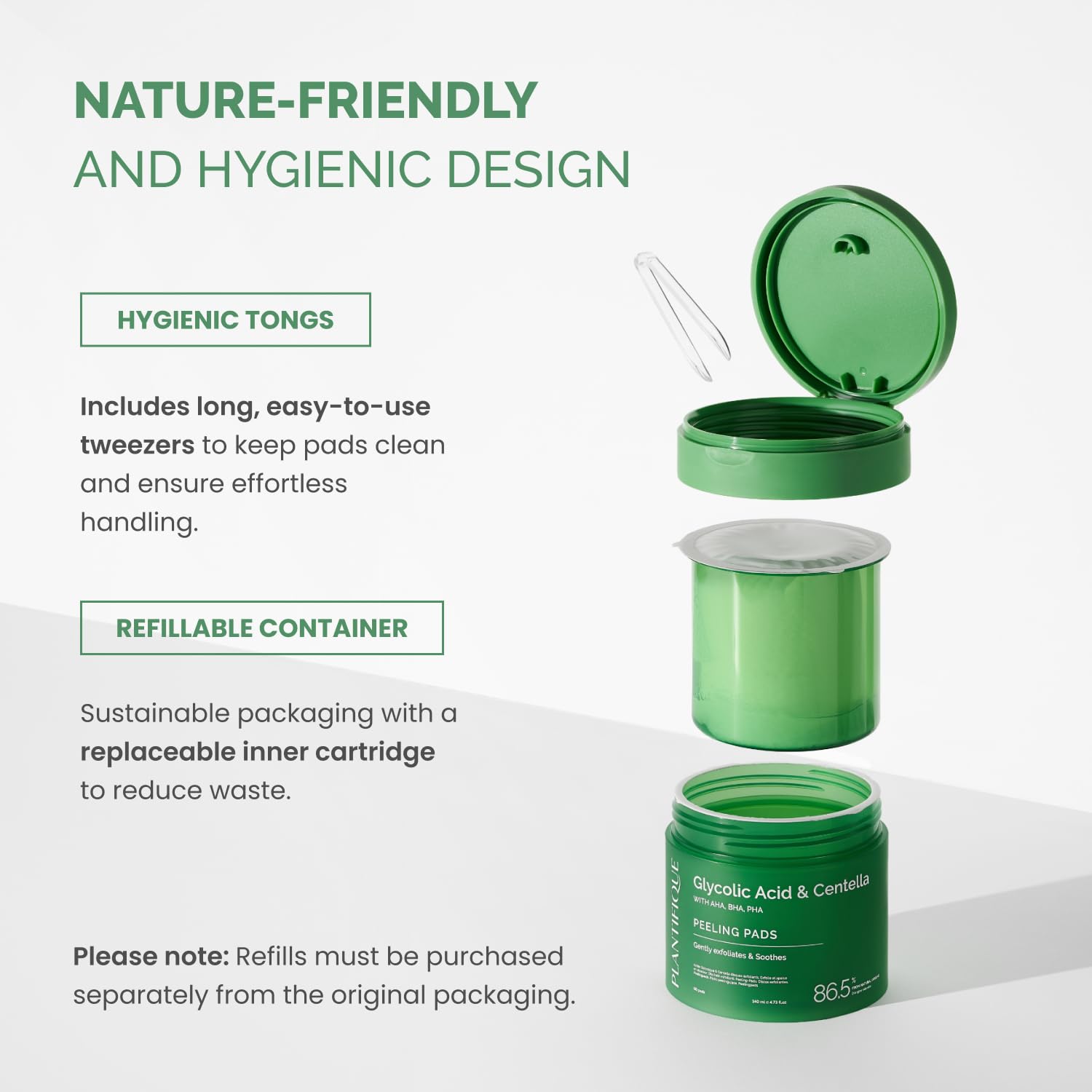 PLANTIFIQUE tea tree and centella ingredients shown with toner pads