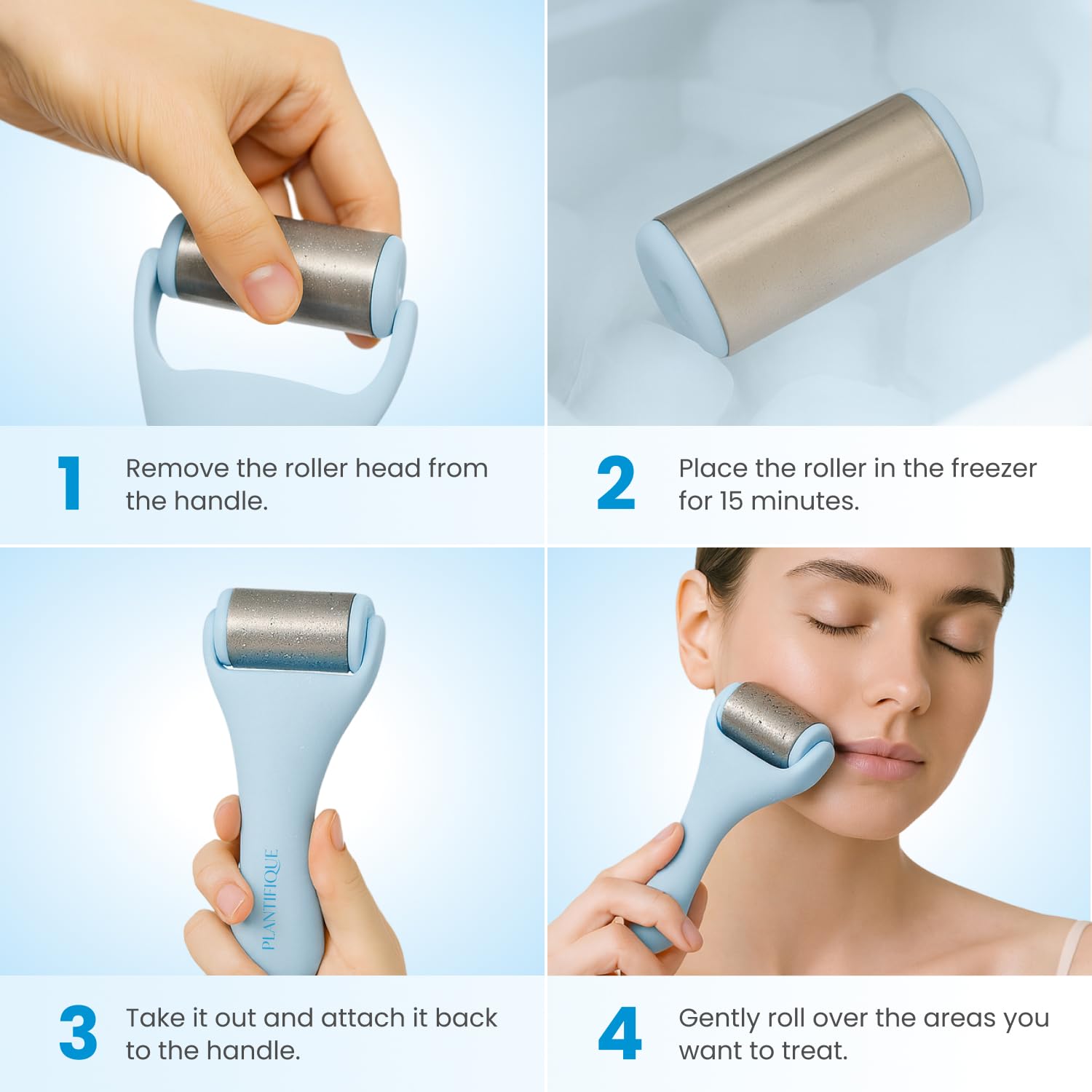 Plantifique puffiness relief with cooling ice roller on under-eye area.