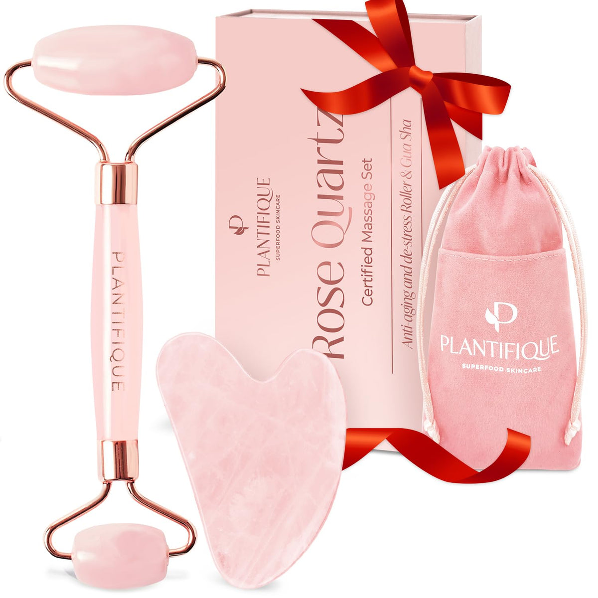 PLANTIFIQUE rose quartz face roller close-up for soothing facial massage and refreshed skin