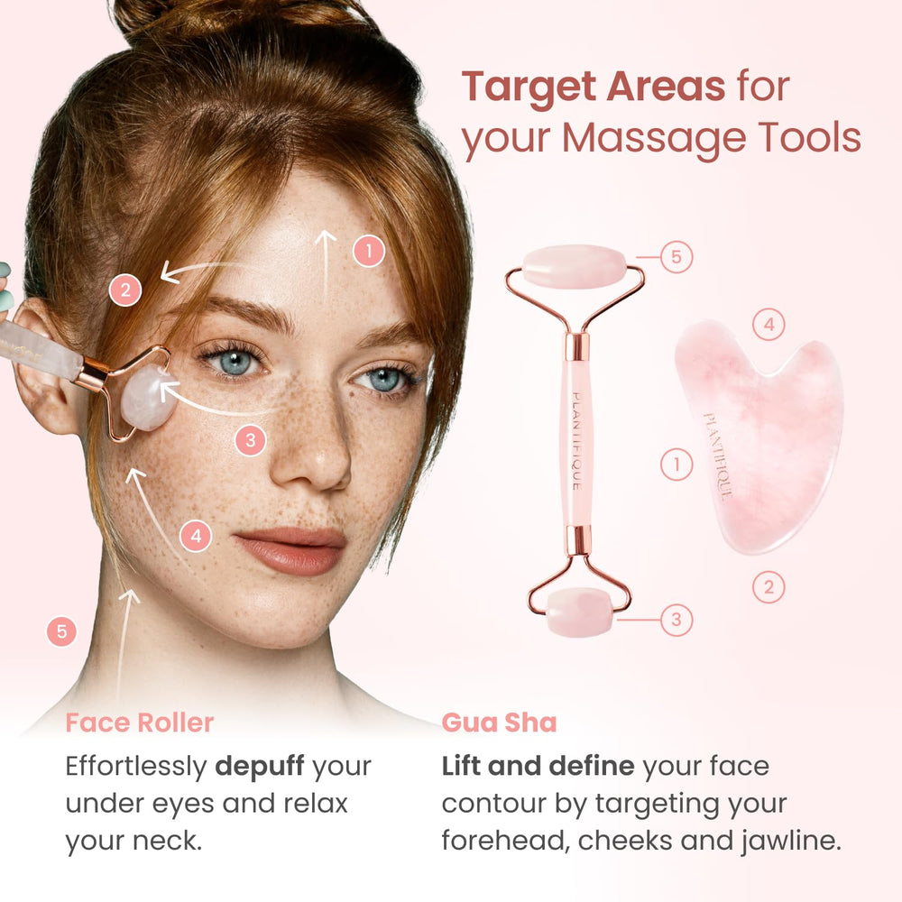 PLANTIFIQUE rose quartz gua sha close-up highlighting relief of tension and facial sculpting benefits