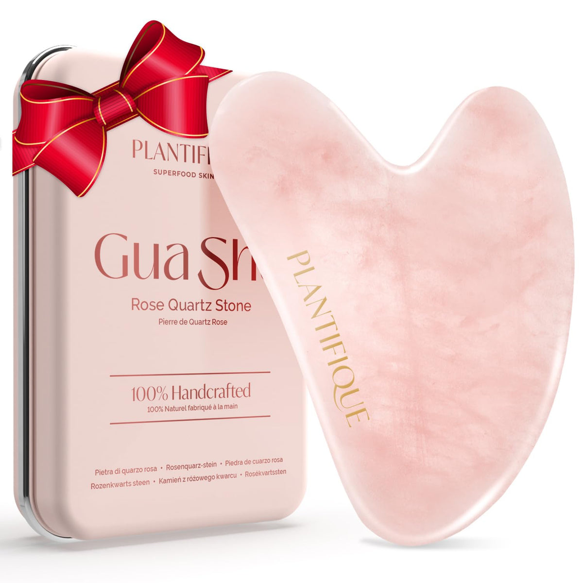 Plantifique Rose Quartz Guasha Tool closeup pink stone for soothing facial massage