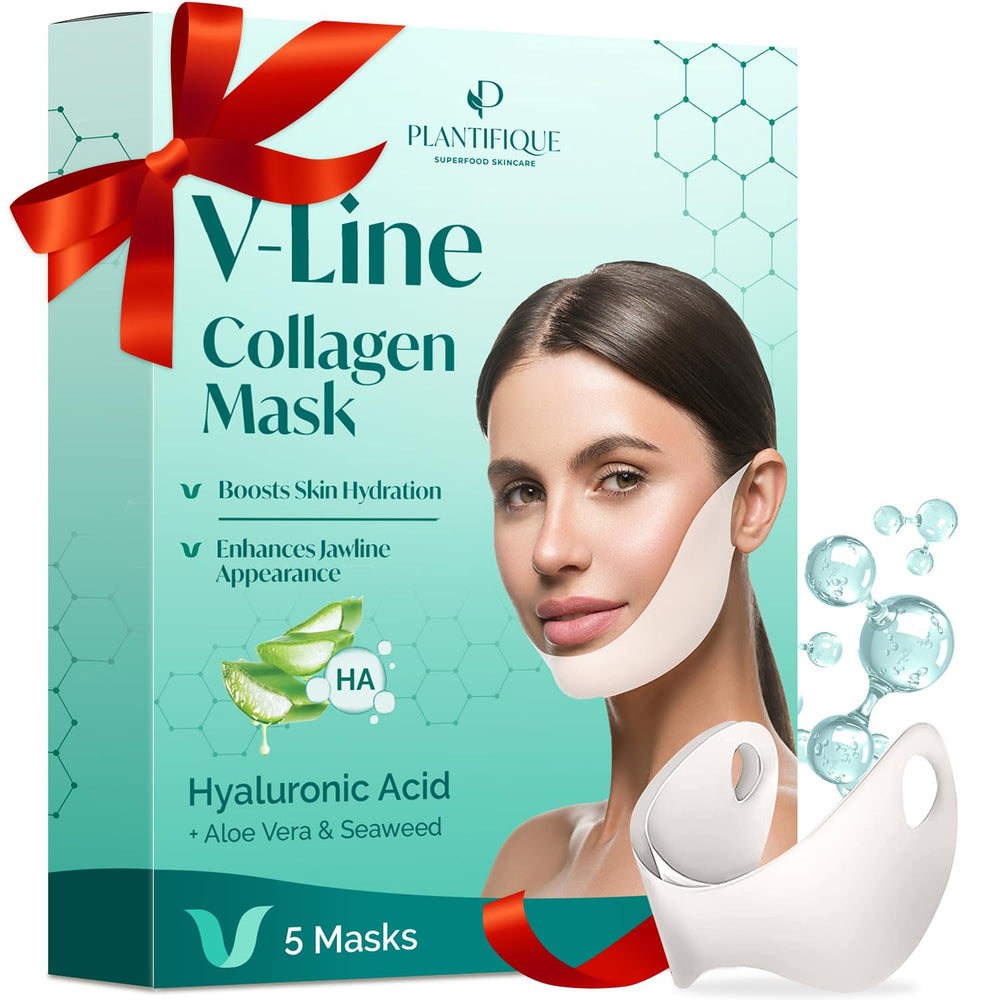 PLANTIFIQUE V-Line Collagen Mask face closeup promotes hydration and firmer skin.