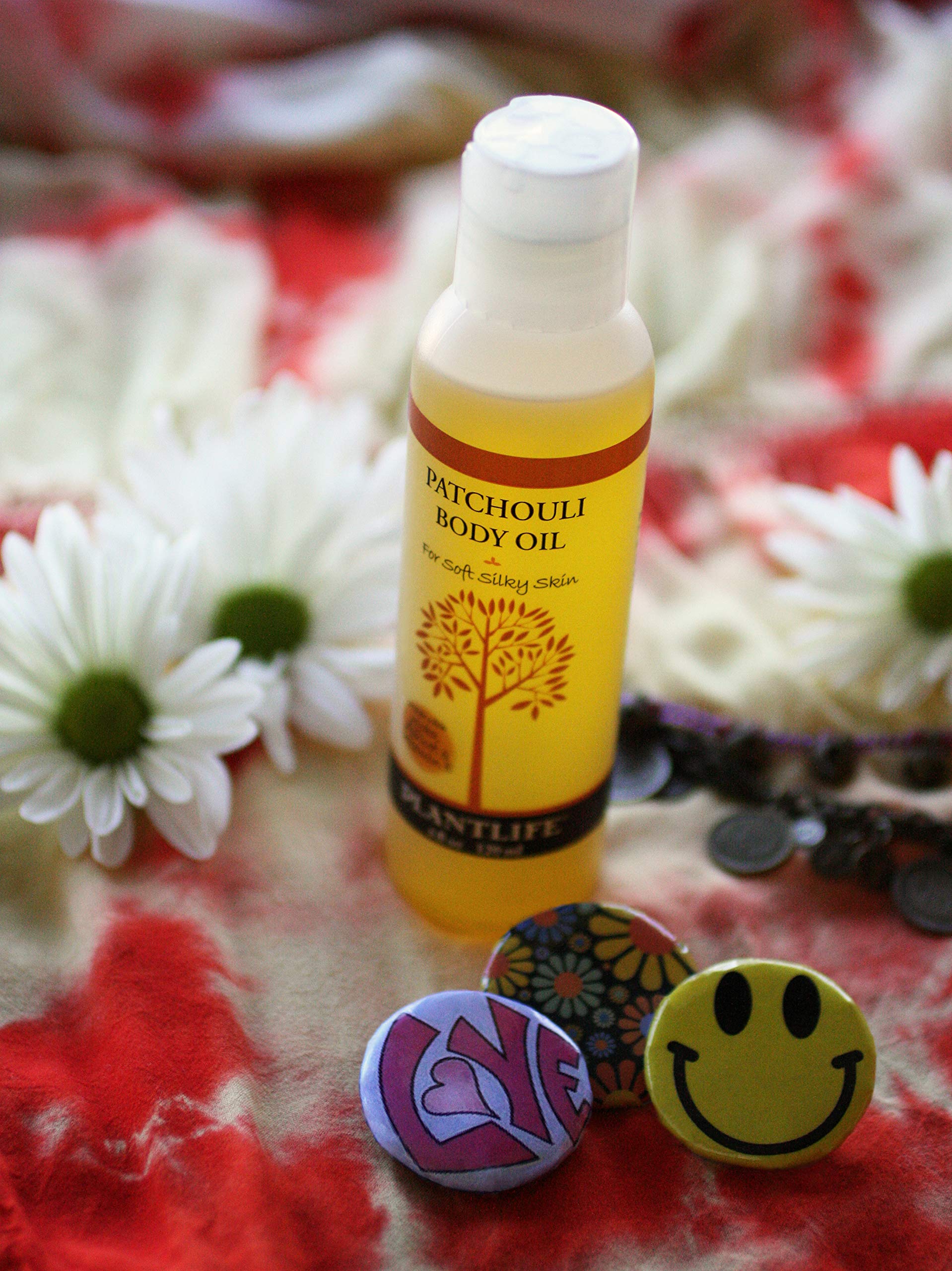 Plantlife Patchouli Body Oil packaging highlighting natural ingredients.