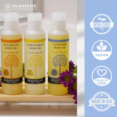 Close-up of Plantlife Patchouli Body Oil on damp skin after a shower.