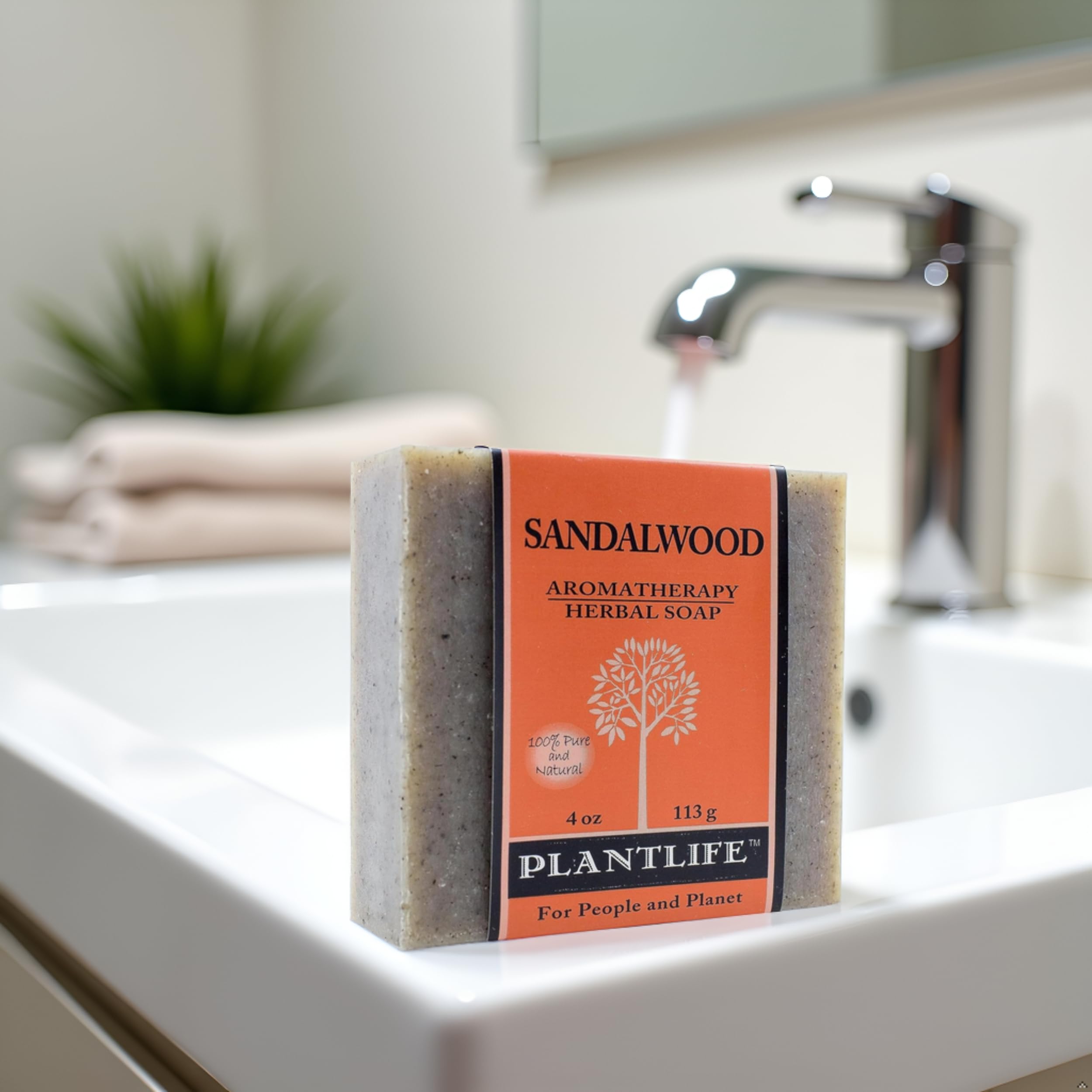 Plantlife Sandalwood Bar Soap with woodsy scent evokes calm during rituals and meditation.