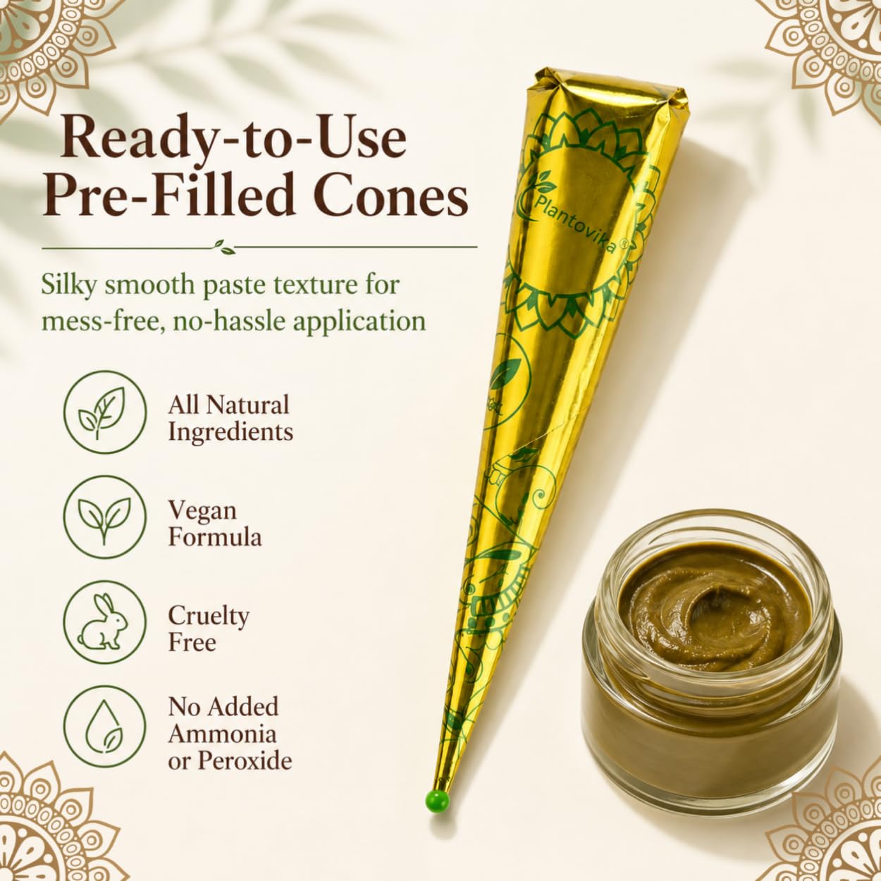Plantovika henna cone being applied to hair for precise natural coloring benefit