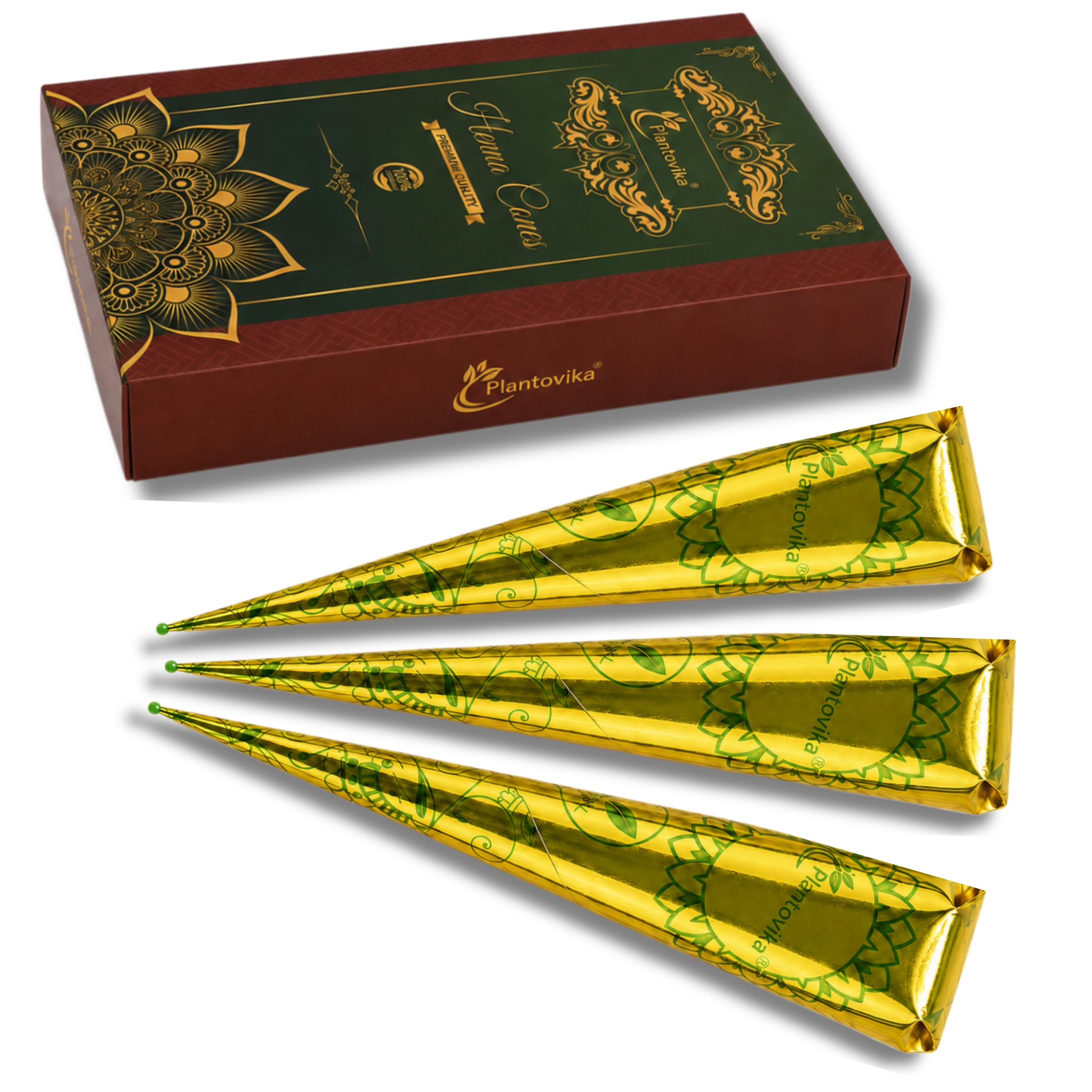 Plantovika front packaging showing three henna cones and natural ingredients benefit