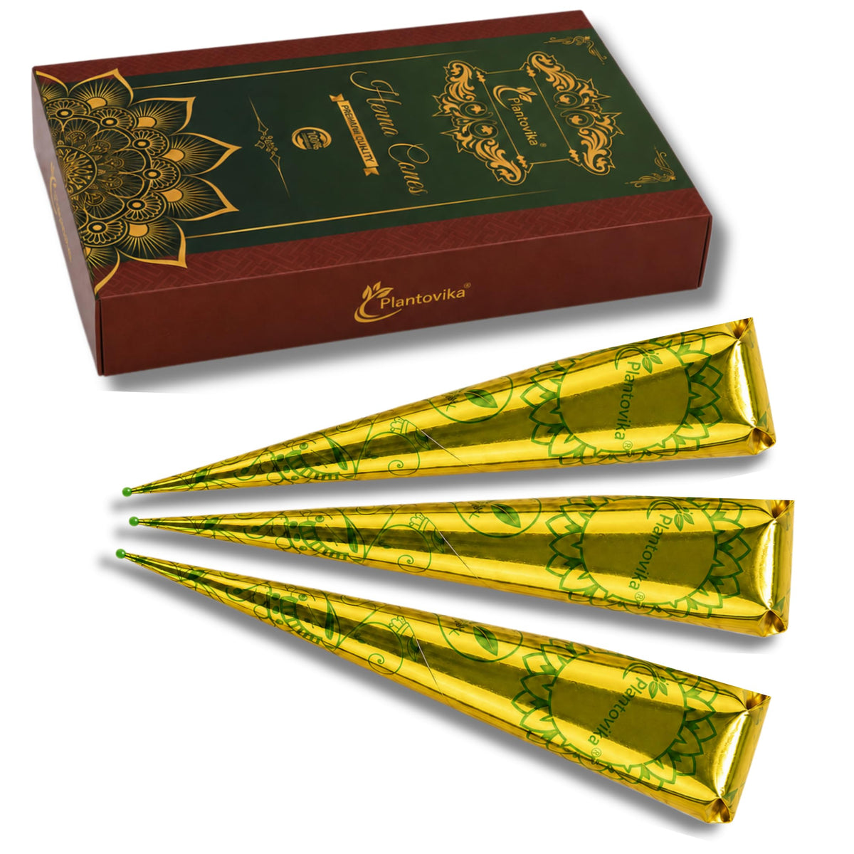 Plantovika front packaging showing three henna cones and natural ingredients benefit