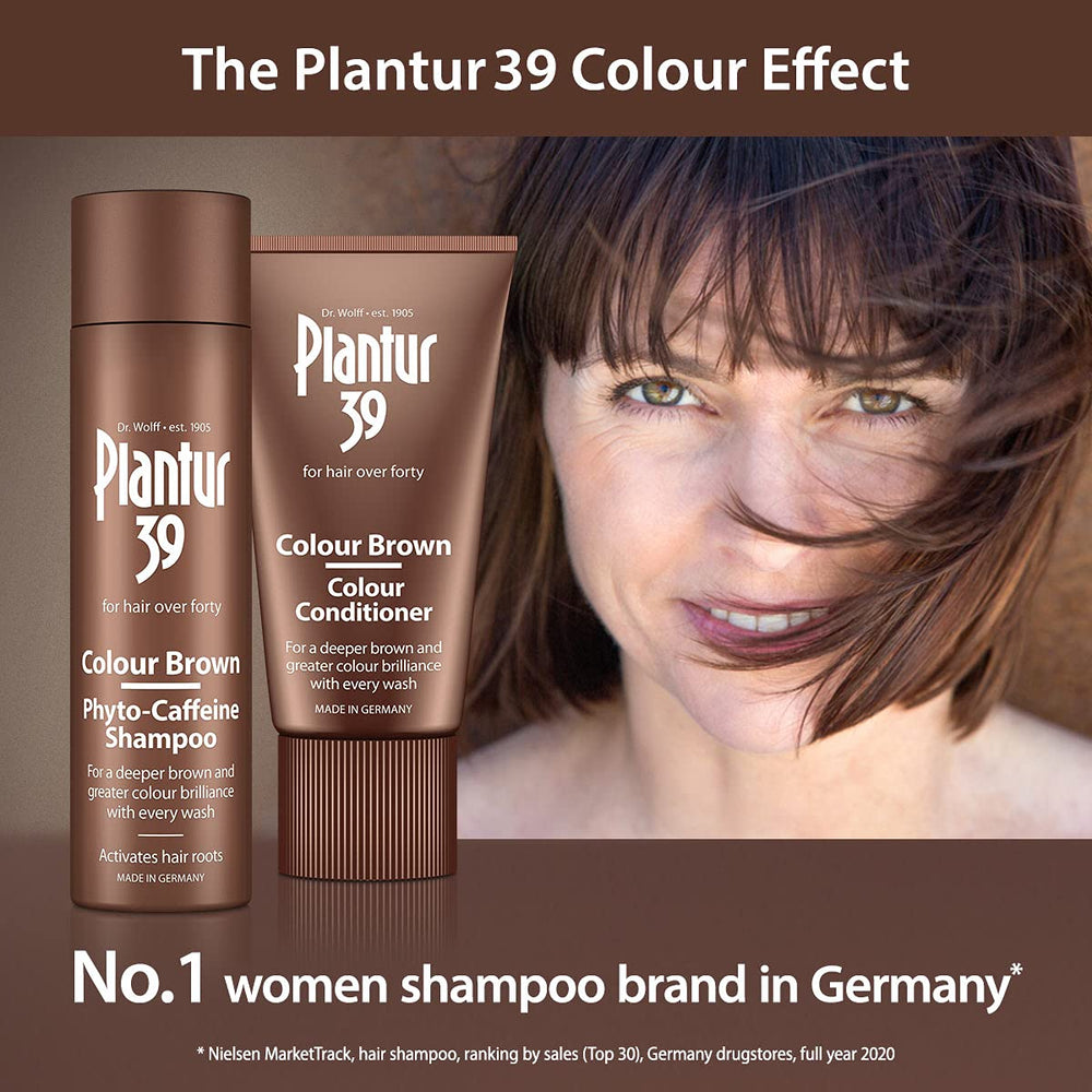 Plantur 39 Color Brown scalp nourishment shot emphasizes gentle nourishment for thinning-looking hair.
