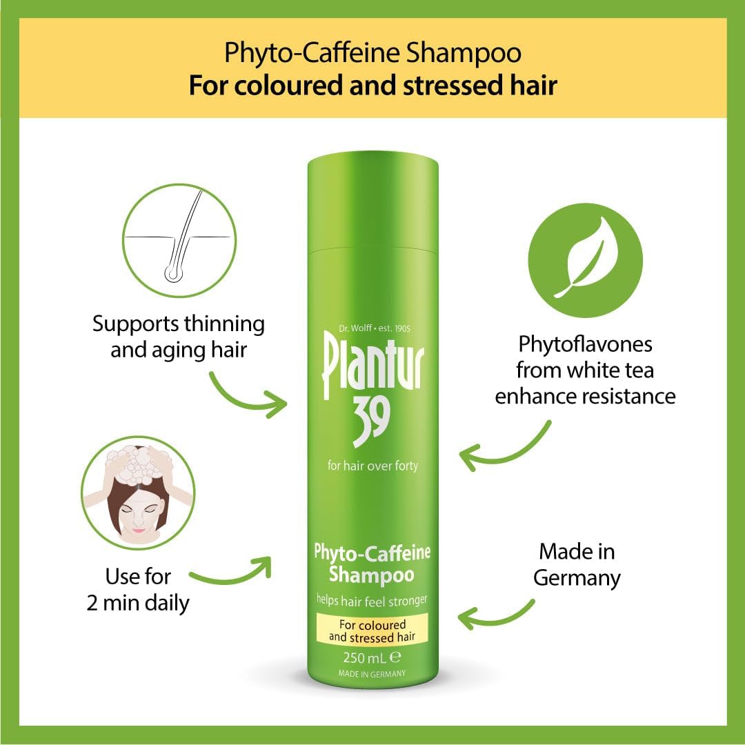 Plantur 39 Phyto-Caffeine Shampoo bottle close-up highlighting color-safe formula.