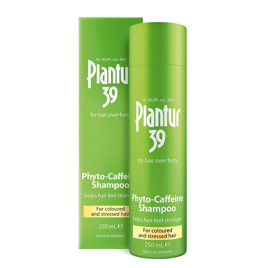 Plantur 39 Phyto-Caffeine Shampoo being poured for color-safe cleansing on dyed hair.