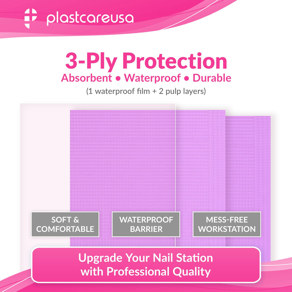 PlastCare USA disposable nail mats on a nail desk protect surfaces from spills