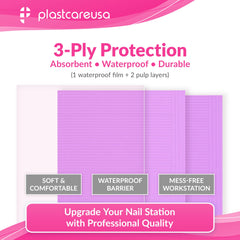 PlastCare USA disposable nail mats on a nail desk protect surfaces from spills