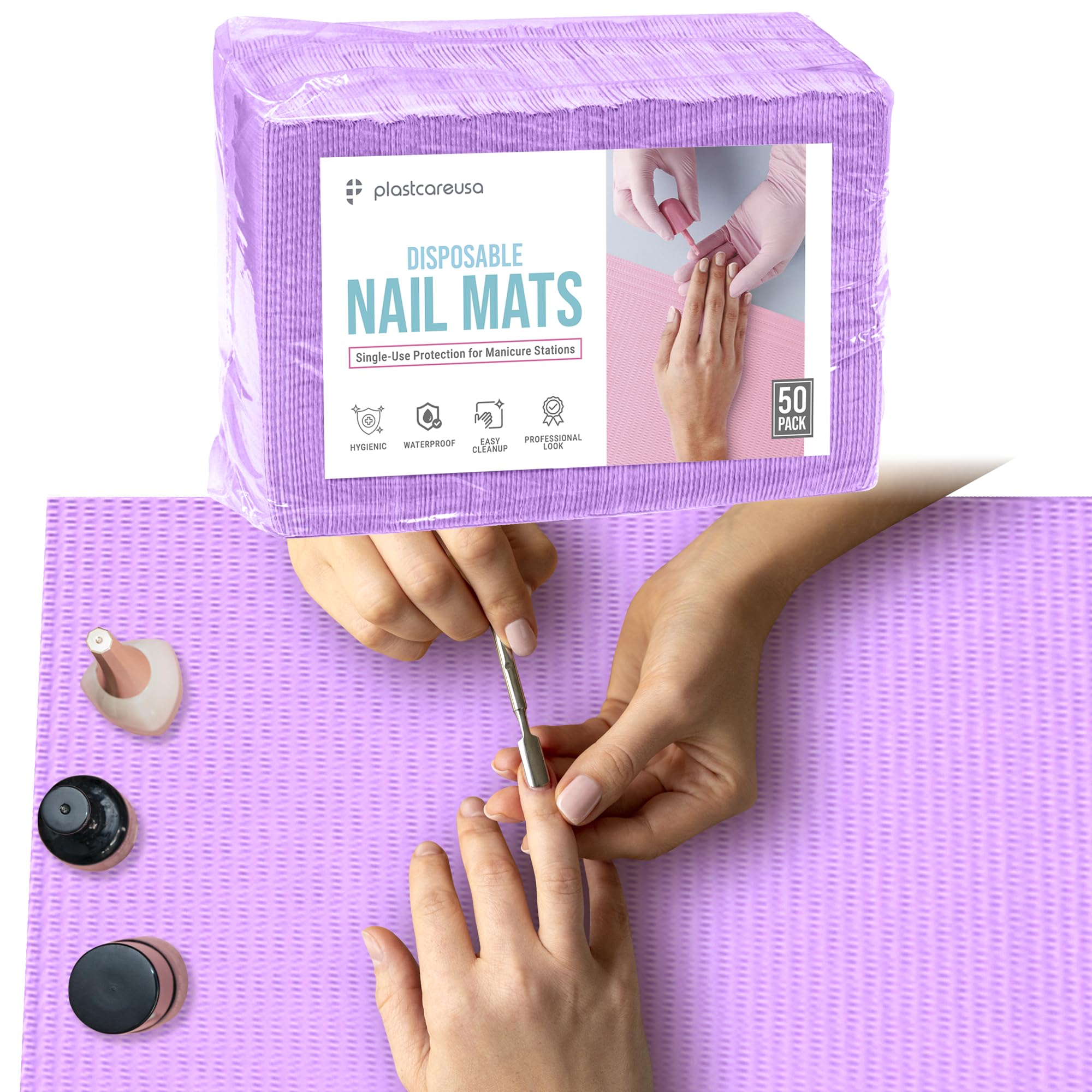 PlastCare USA disposable nail mats in purple packaging for a mess-free setup