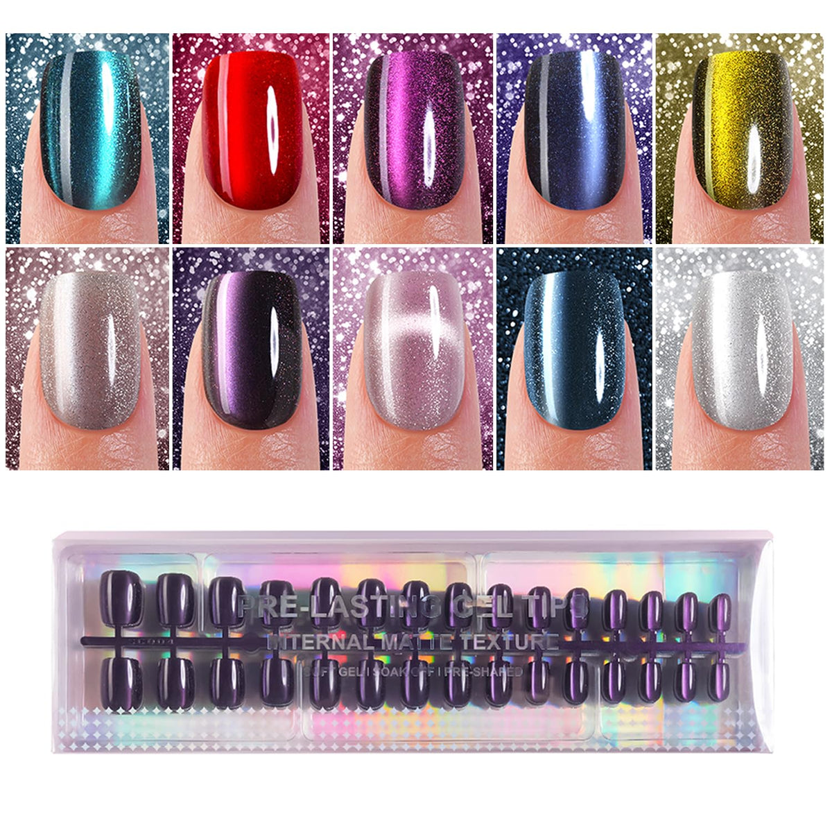 Plauva cat-eye nails glossy glitter closeup for a glamorous DIY manicure