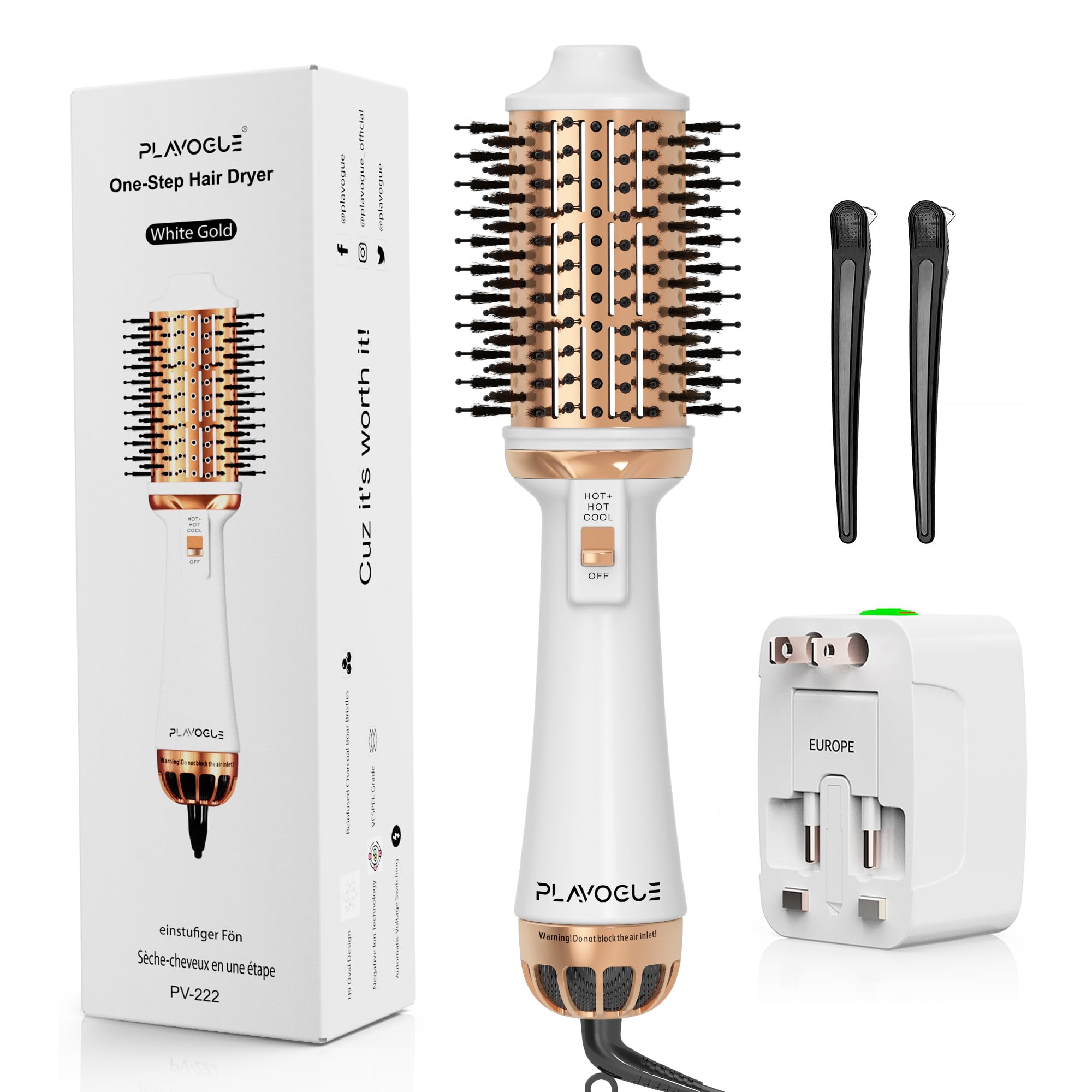 PLAVOGUE dual-voltage blow-dryer-brush with travel-ready power for global styling.