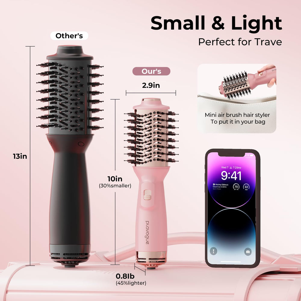PLAVOGUE mini dual voltage hair dryer brush damp-to-dry performance on damp hair