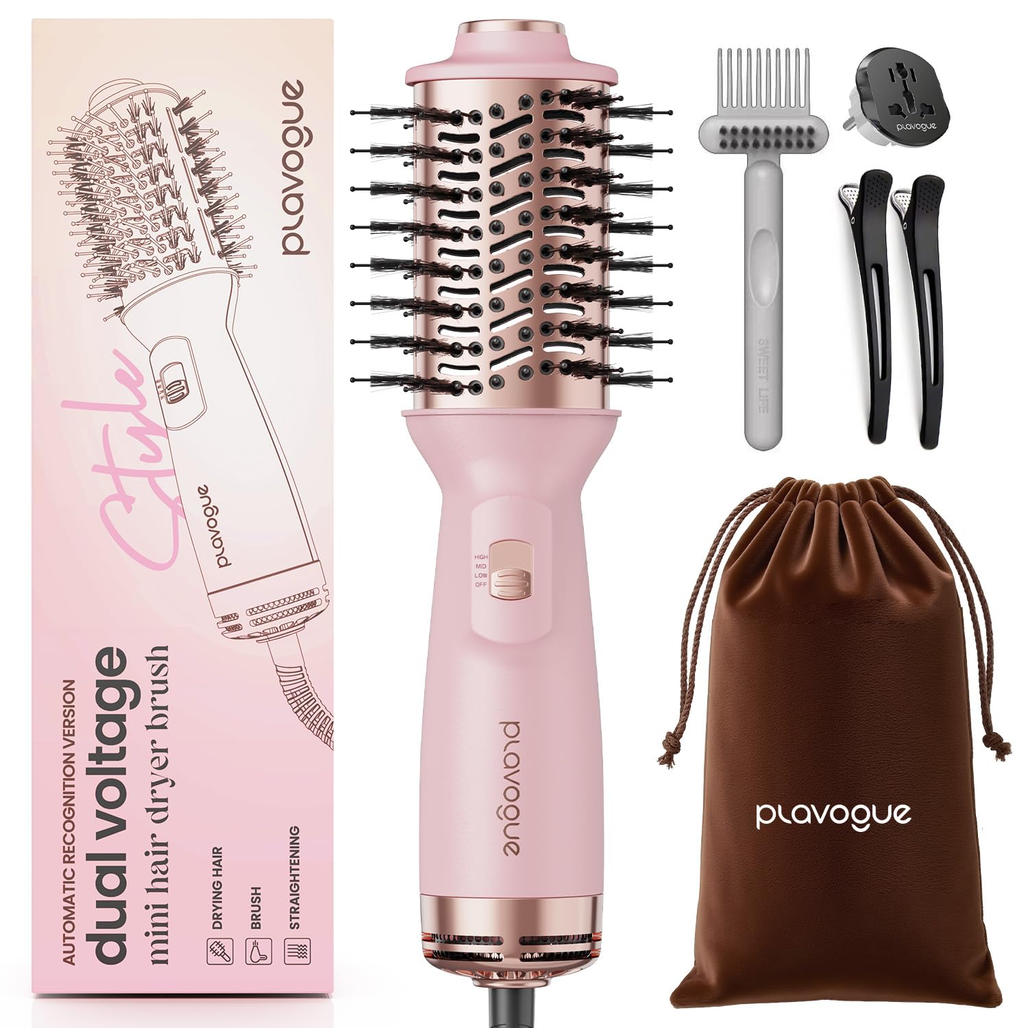 PLAVOGUE mini dual voltage hair dryer brush front view for compact travel-ready styling