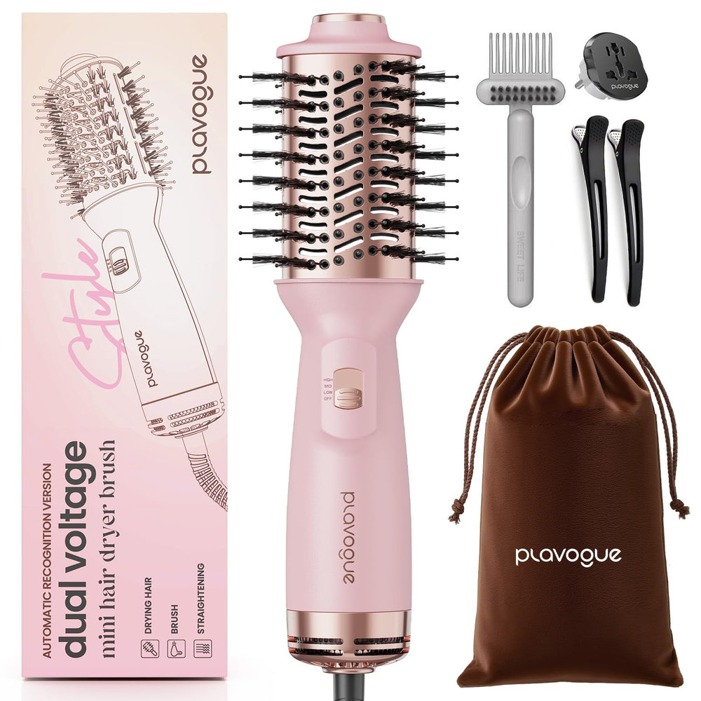 PLAVOGUE mini dual voltage hair dryer brush front view for compact travel-ready styling