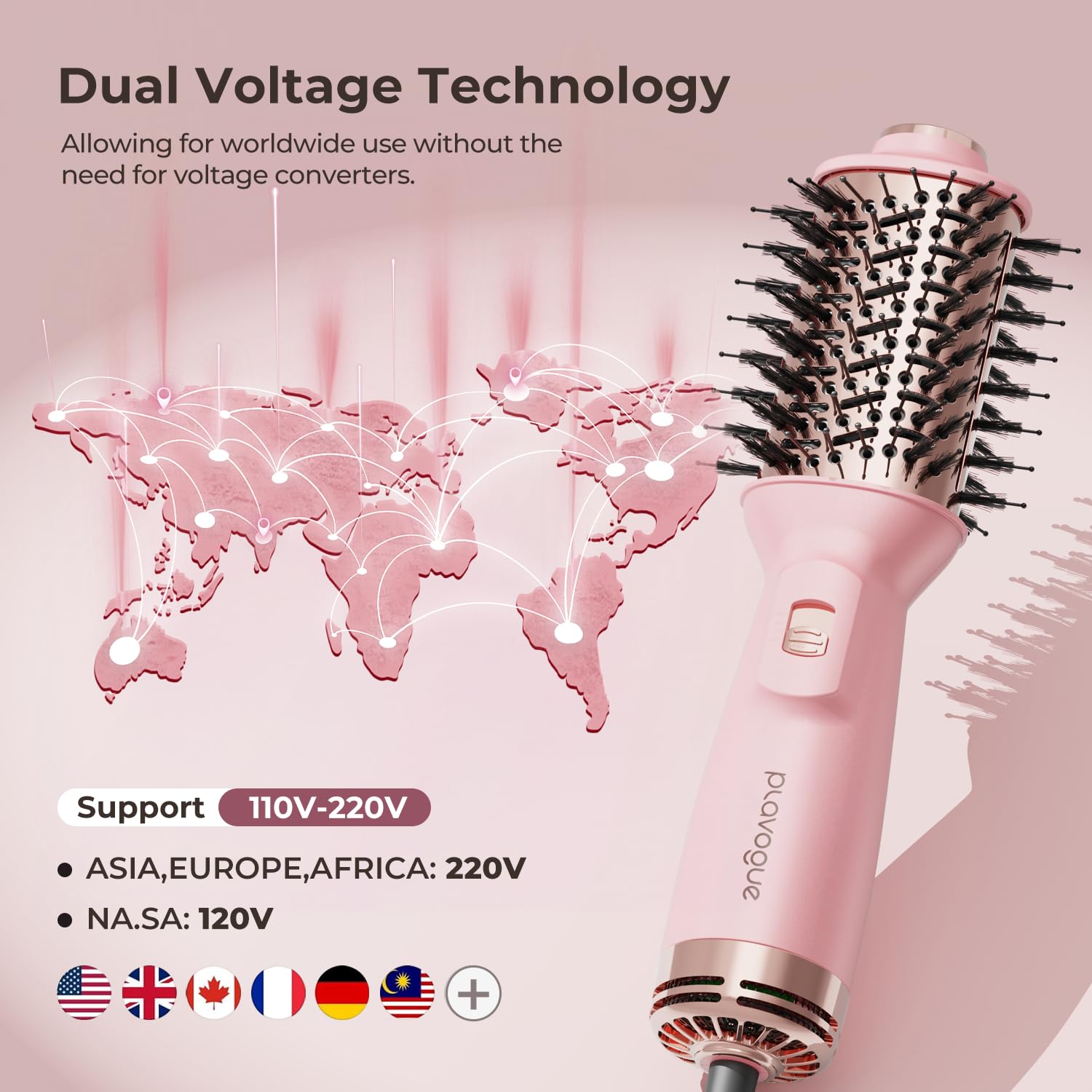 PLAVOGUE mini dual voltage hair dryer brush ionic technology promotes frizz control and shine