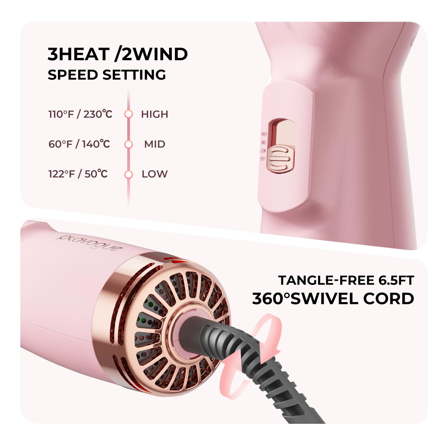 PLAVOGUE mini dual voltage hair dryer brush packaging shows pink color and travel-ready kit